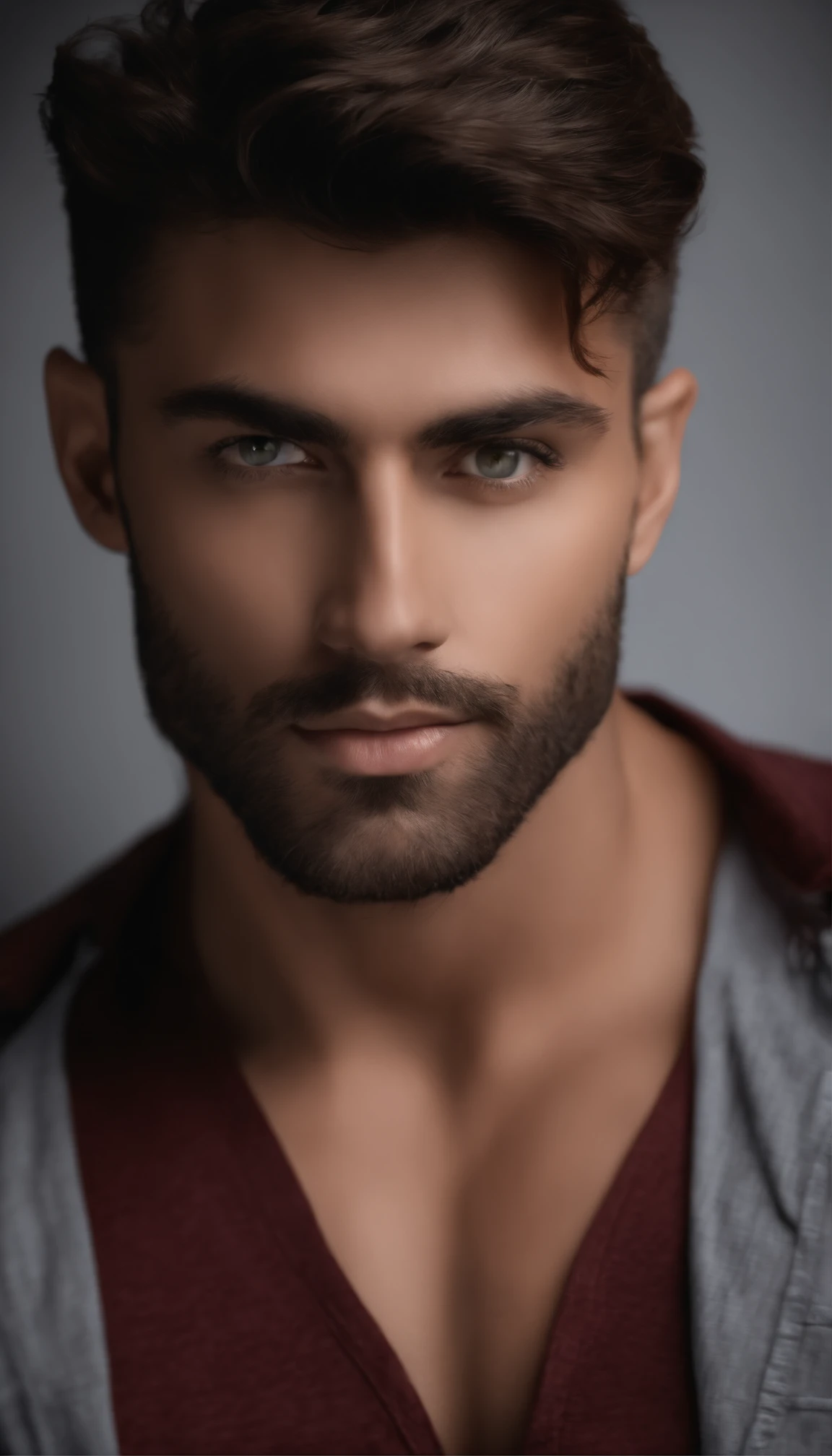 (best quality,4k,8k,Altas,master part:1.2),ultra-detalhado,(Realistic,fotorrealista,photo-realistic:1.37),macho,Homem de 26 anos,barba detalhada,piercing gaze at the camera,Olhos bonitos,olhos expressivos,natural sunlight,sombras sutis,maxilar forte,olhar intenso,Cabelos escuros,pose elegante,confident expression,studio lighting,foco nítido,vivid colors,Bokeh,fotografia de retrato