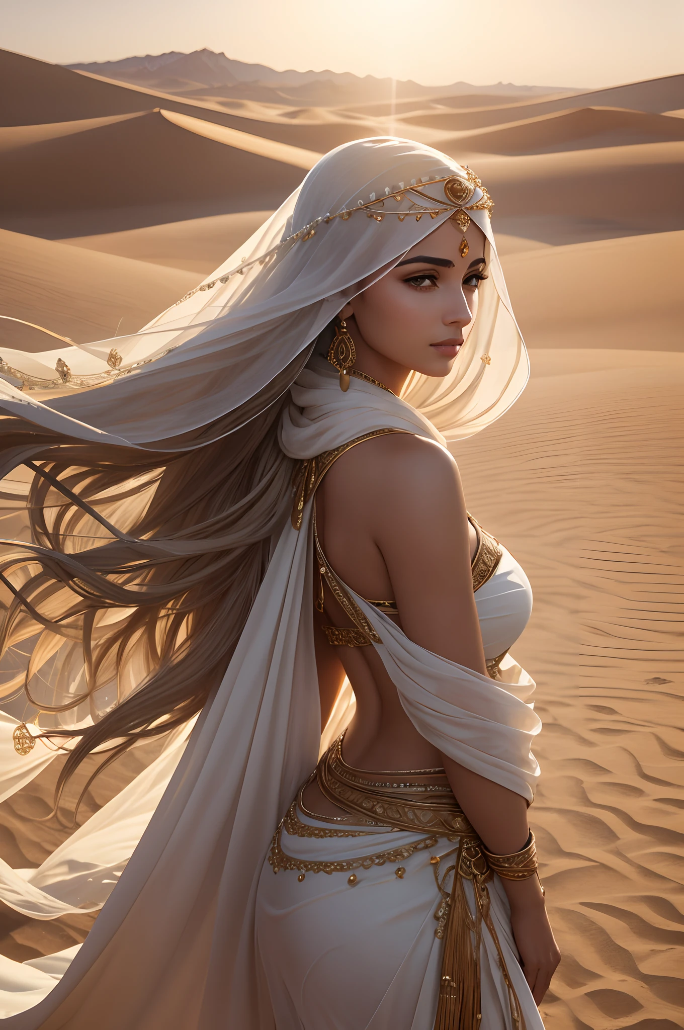 Elegant and charming image, Powerful and mysterious Arab woman, Her flowing hair fluttered in the flowing desert breeze. She wields a gorgeous bow, Decorated with intricate decorations and ornate designs. sunrays casting long shadows, Highlight the delicate beauty of women,Evoke a sense of mystery and connection. The shallow depth of field isolates women from the desert environment, Emphasize the strong connection between the two. Shallow depth of field, Soft lighting, portrait lens