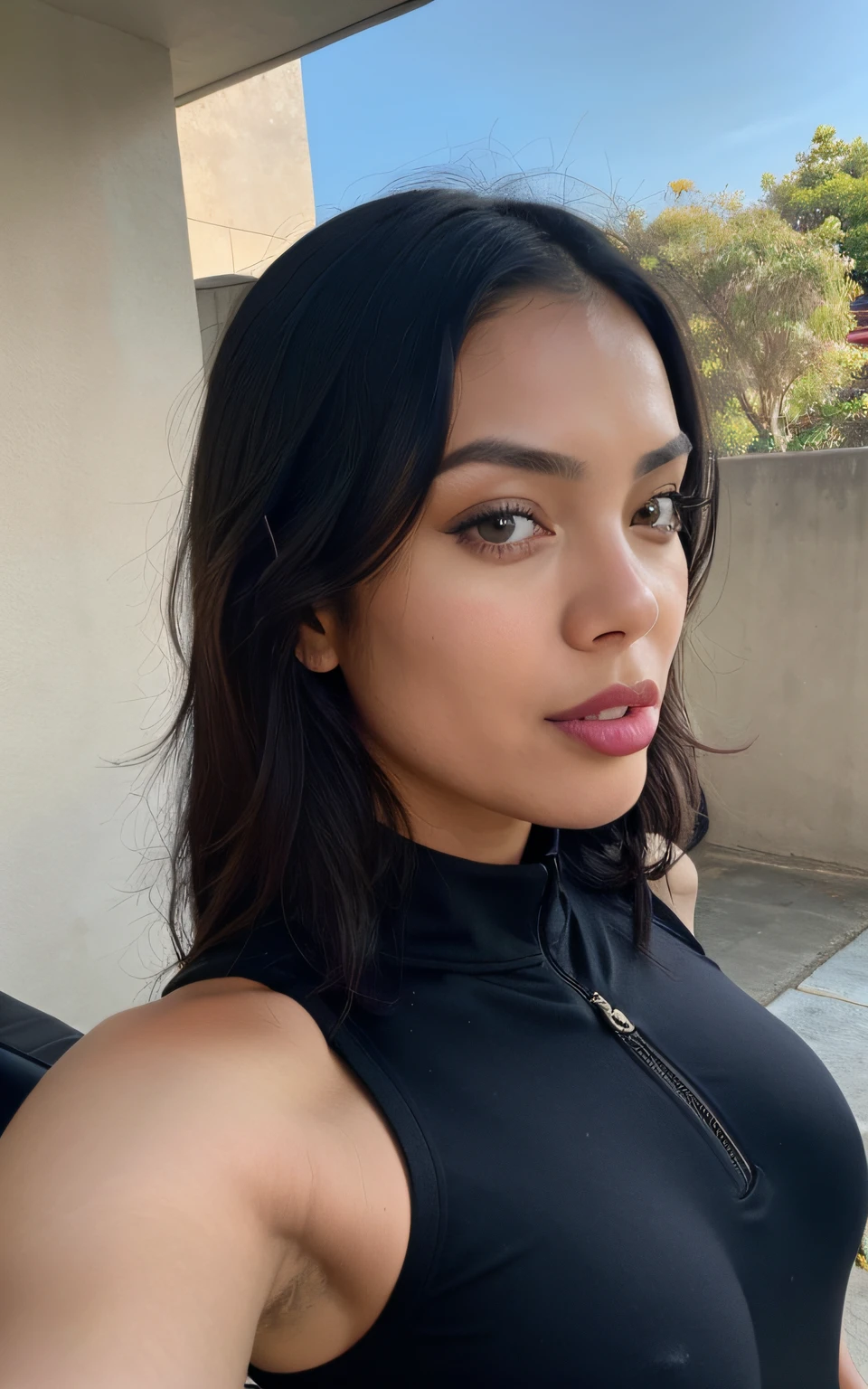 selfie of a arafed thai woman with a black zipped top, 🔥 😎 🕹️ 👀 :2, covered huge breasts, young greek woman with long dark hair, stoya, 3 2 - - old,itch streamer, profile picture, iphone picture, army, black bodysuit, sachucci 9 5, ready for a meeting, dark. no text, closeup headshot and her big ass, she is sticking her tongue out, eyes looking at the sky
