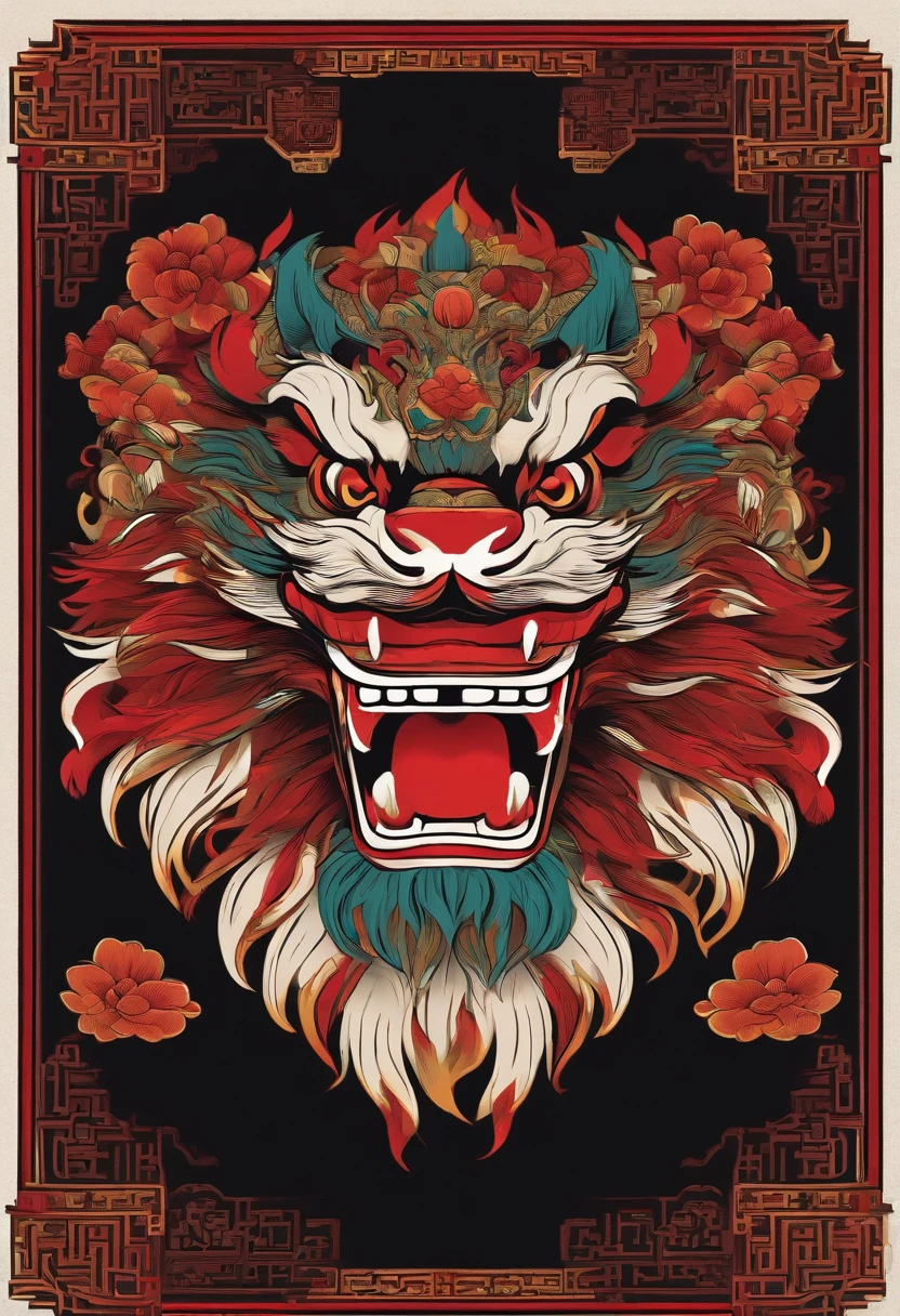 /imagine prompt: Chinese lion dance illustration with sticker on black background, Bold outline style, Jagged edges, Trash core, Light Shadow --V 5.2