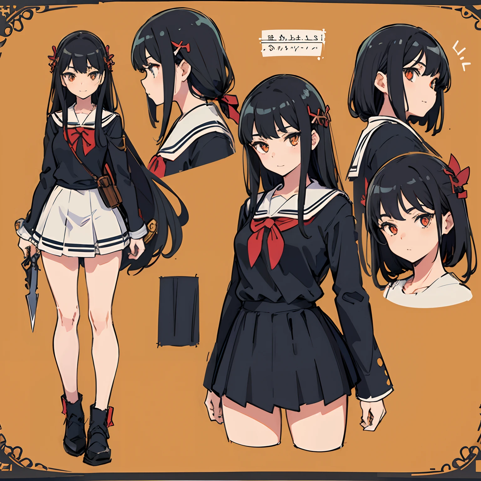 (masuter piece,Best Quality,Ultra-detailed), (Character Sheet:1.2),Full body, School uniform, Front view, Side view, posterior view, Golden Eyes, Glowing pupils, delicate hair ornaments, long straight black hair, bow ribbon, lightsmile, 校服, Holiday One Piece Reference Table, nffsw, ccurate, Super Detail, solidbackground, high detailing, 4K,Dagger decoration,the same character,multiple views,heroic fantasy