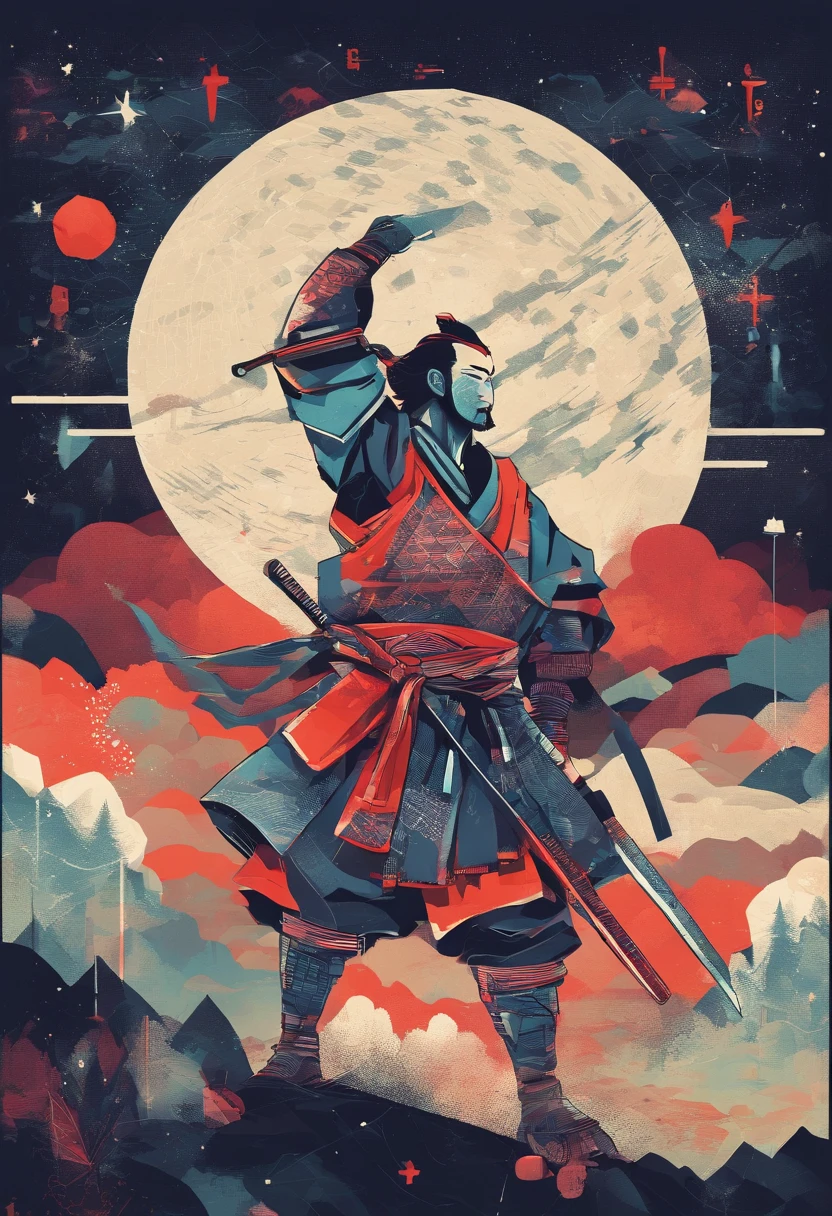 The samurai holds a katana, Starry skies and mist shroud the landscape.