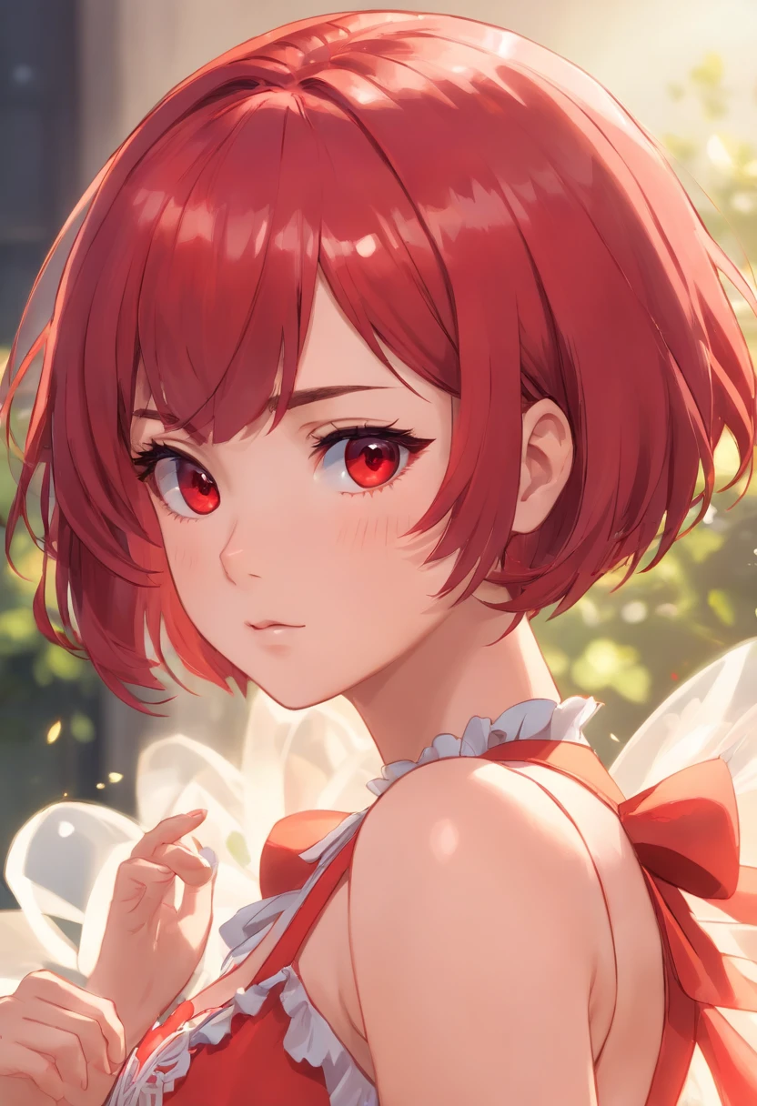 Beautiful Girl, close up,  Face shot, Woman, Solo, Sexy body, (Cute:1.3), (([Hot Red Hair], [Pixie Bob], [crinoline])), Realistic, (Cute), (Detailed face), Detailed eyes, Detailed iris, Cameltoe,,