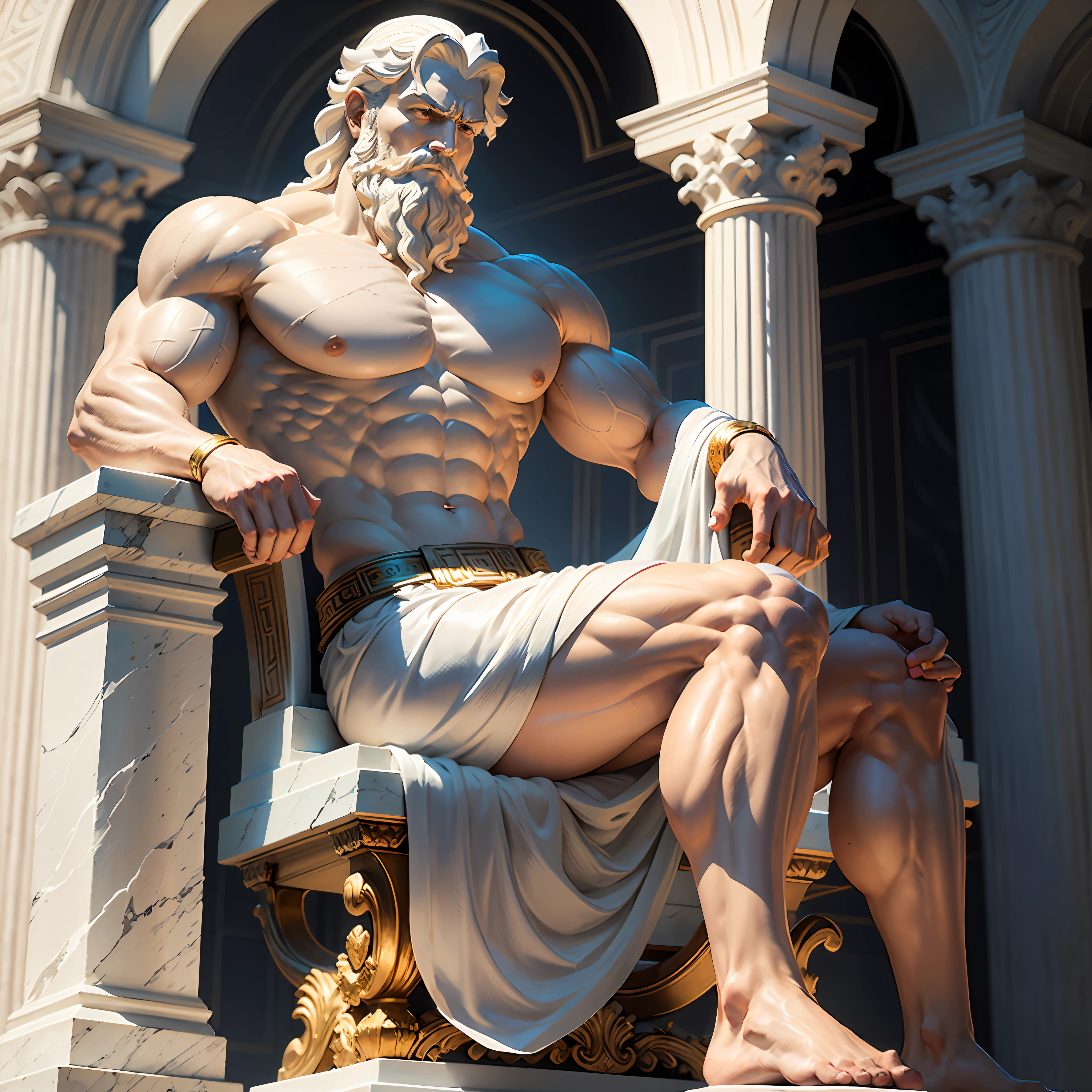 Design a powerful white light background featuring a captivating white marble sculpture of a wise and muscular figure from Greek mythology. The sculpture should embody strength, wisdom, and intrigue with its realistic marble texture, showcasing prominent biceps and a dignified beard. To add a touch of classical ambiance, include elegant marble Greek columns in the background. The overall design should evoke a sense of motivation and inspiration, drawing viewers into the captivating world of ancient wisdom and artistry. --auto