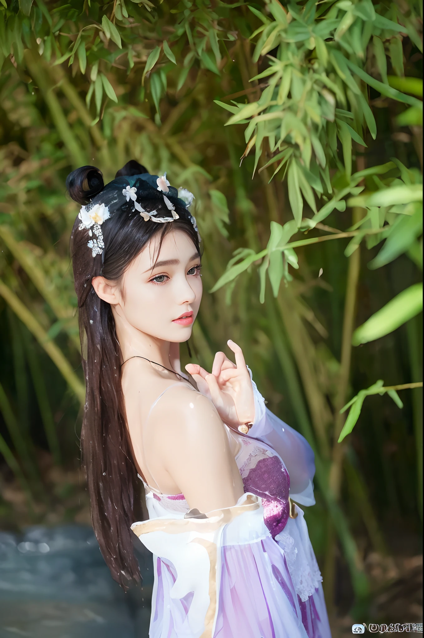 ((Best quality, 8k, Masterpiece :1.3)), A pretty woman with perfect figure :1.4, Slender abs :1.3, (wet transparent T-shirt:1.4) , small white lace bra , ((Dark brown hair, Big breasts :1.2)), Lying on hammock, Hammock, Highly detailed face and skin texture, Detailed eyes, Double eyelid