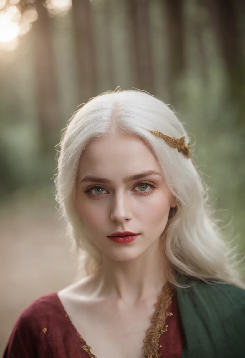 (((a deep reddish wound crosses her left cheek))) fair complexion, woman around 19 years old, natural white hair, distinctive green eyes, wearing kohl, slender and graceful, beautiful, candlelight in a medieval setting, ultra sharp focus, realistic shot, medieval female clothes, tetradic colors (scar:1.4)