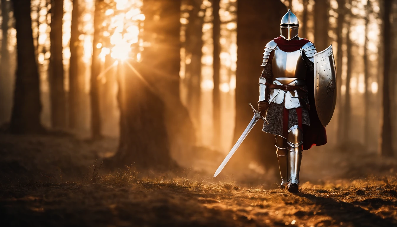 Royal Knight with a majestic aura, adorned in gleaming armor, wielding a legendary sword, standing tall amidst a medieval battlefield, rays of sunlight illuminating the scene.