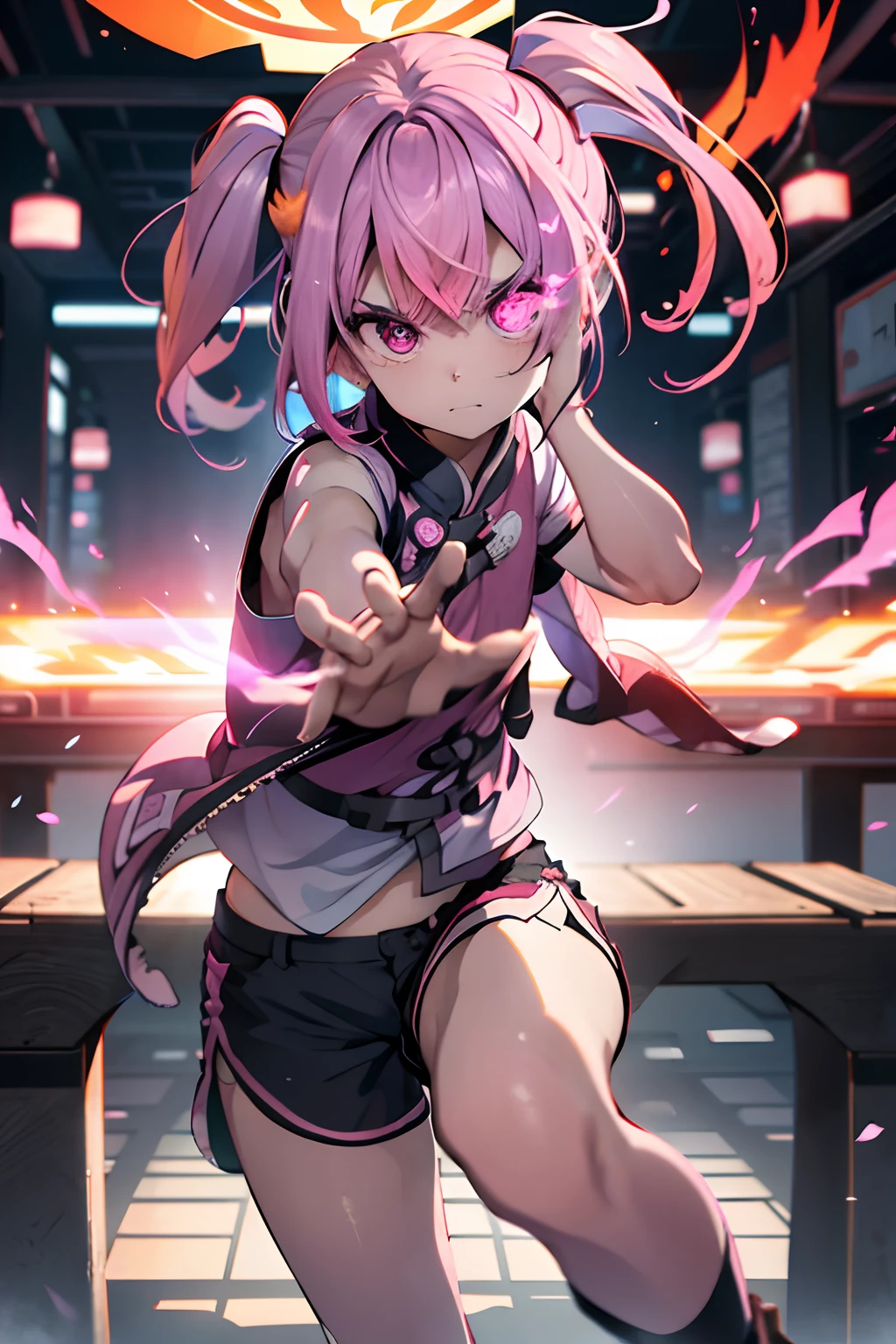 A pink-haired、poneyTail、Pink china clothes、Sleeveless、Black shorts、Blunt bangs、Short side ponytail、Side Up、Photorealsitic, hight resolution, 1 rapariga, Korea person, Eye of Fire、Afterimage of flame seen from the eye