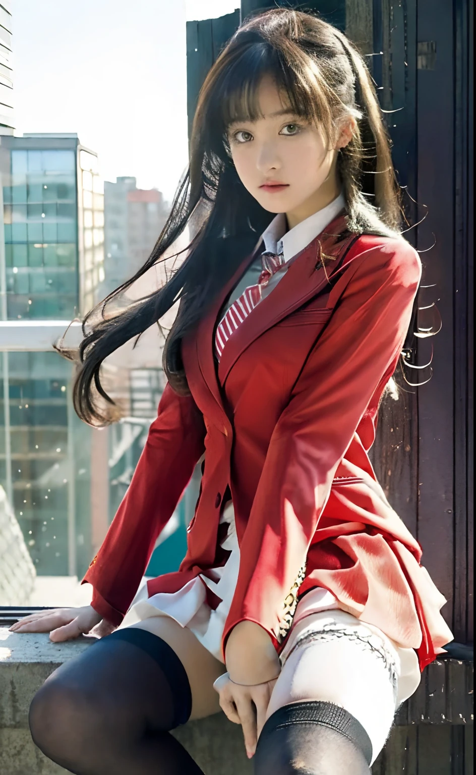 a girl with long hair sitting on ledge with city backgroud, beautiful  high school girl, hyperealistic, cute girl, red blazer with short skirt, long socks, blushing with ashamed and fear expression, tsundere