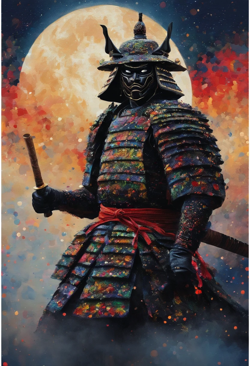 The samurai holds a katana, Starry skies and mist shroud the landscape.