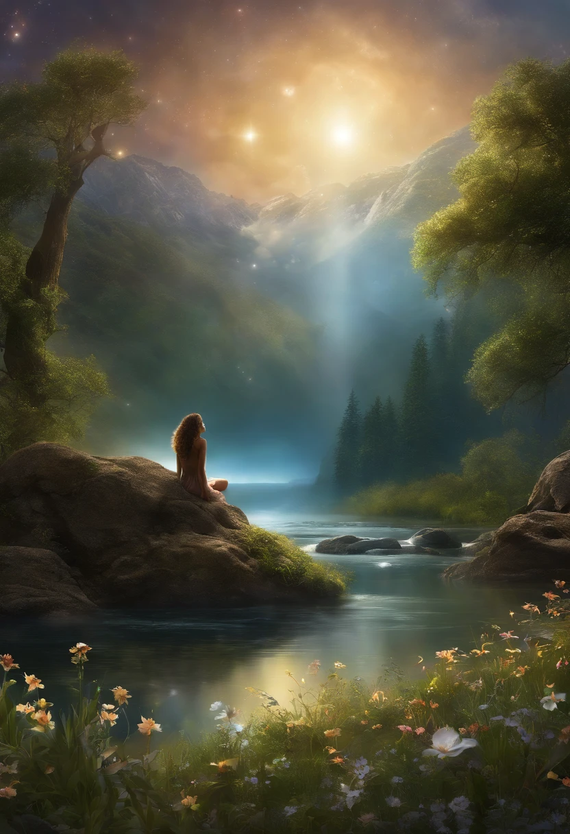 (best quality,4k,realistic:1.37),A person in tune with God in the grass and with the sky full of galaxies,ultra-detailed,beautiful detailed eyes,beautiful detailed lips,longeyelashes,spiritual connection,serene atmosphere,tranquil environment,pure and divine energy,soft sunlight filtering through the trees,gentle breeze,harmony with nature,subtle hints of magic,mystical aura,peaceful contemplation,serendipitous encounter of the soul,divine presence,transcendent experience,mindful meditation,deep sense of wonder and awe,celestial alignment,sacred essence,whispering secrets of the universe,mindful and centered,serene expression,deep spiritual connection,feeling of reverence and gratitude,cosmic connection,universe revealing its secrets,celestial symphony,soul finding solace in nature,transcending earthly boundaries,interconnectedness of all things,cosmic dance of stars and galaxies,nurturing and comforting embrace of nature,aligning the soul with the rhythm of the universe,divine guidance and inspiration,transformation and enlightenment,exploring the depths of the cosmos,inspiration derived from the divine presence,unveiling the mysteries of the universe.