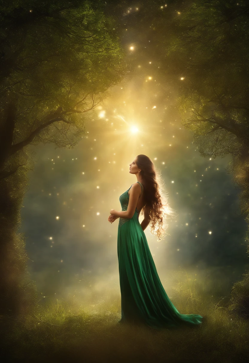 fantasy woman,,stars,illustration,oil painting,4D rendering,portrait,paint,landscape,bright colors stunning lighting,night scene,Moonlit sky,Extravagant atmosphere,soft brush strokes,ethereal,magical,mystical creature,Soft waves,shells ,wet sand,lush greens,Fairy tale,adventure,Inspirational,Childhood dreams,creative,Graceful pose,smiling face,lively eyes,charming facial expression,crown princess,floating dress