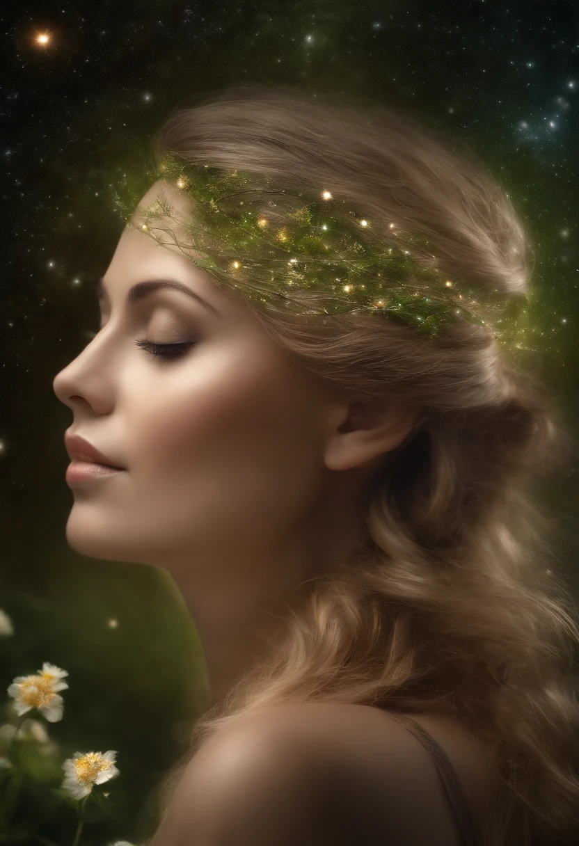 (best quality,4k,realistic:1.37),A person in tune with God in the grass and with the sky full of galaxies,ultra-detailed,beautiful detailed eyes,beautiful detailed lips,longeyelashes,spiritual connection,serene atmosphere,tranquil environment,pure and divine energy,soft sunlight filtering through the trees,gentle breeze,harmony with nature,subtle hints of magic,mystical aura,peaceful contemplation,serendipitous encounter of the soul,divine presence,transcendent experience,mindful meditation,deep sense of wonder and awe,celestial alignment,sacred essence,whispering secrets of the universe,mindful and centered,serene expression,deep spiritual connection,feeling of reverence and gratitude,cosmic connection,universe revealing its secrets,celestial symphony,soul finding solace in nature,transcending earthly boundaries,interconnectedness of all things,cosmic dance of stars and galaxies,nurturing and comforting embrace of nature,aligning the soul with the rhythm of the universe,divine guidance and inspiration,transformation and enlightenment,exploring the depths of the cosmos,inspiration derived from the divine presence,unveiling the mysteries of the universe.