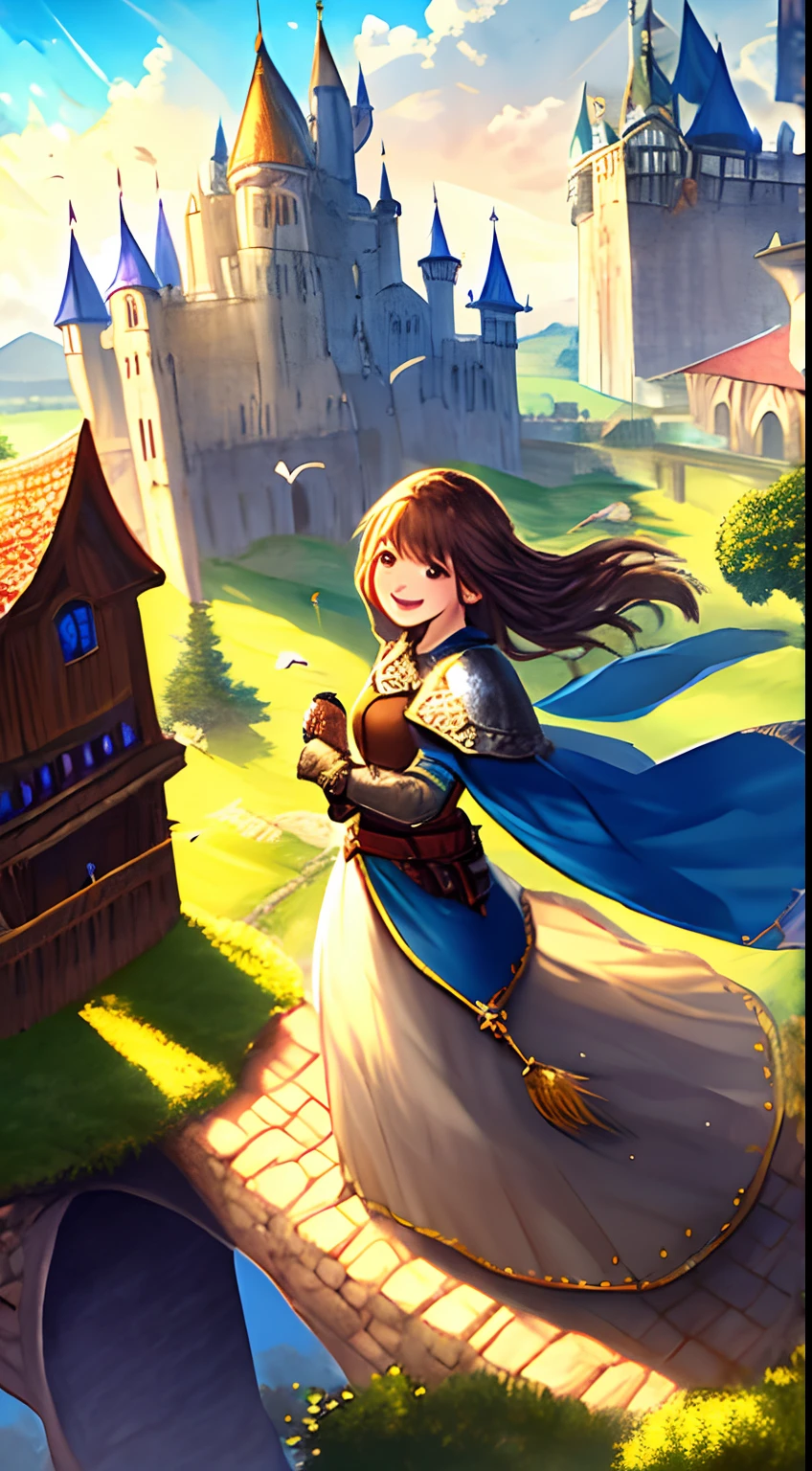 A young girl,Have faith,Happy,medieval kingdom. Sunny morning. 8K resolution. Ratio 3:2. Very high drawing skills. Bird's eye view. Very stunning view. amazing lighting effect. Thick medieval fantasy illustration. Very large area.