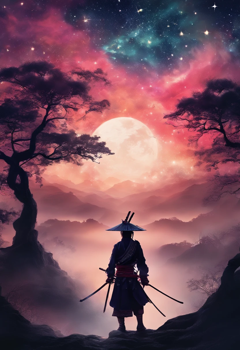The samurai holds a katana, Starry skies and mist shroud the landscape.