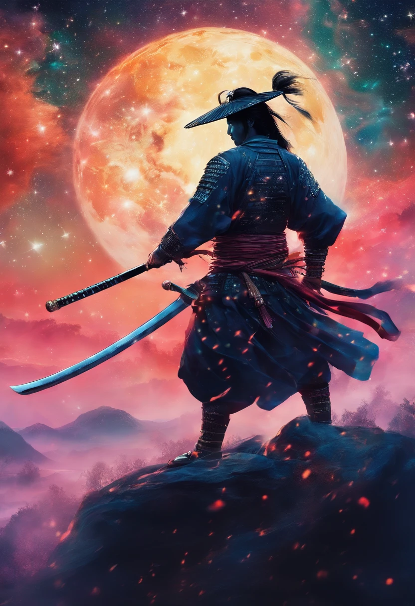 The samurai holds a katana, Starry skies and mist shroud the landscape.