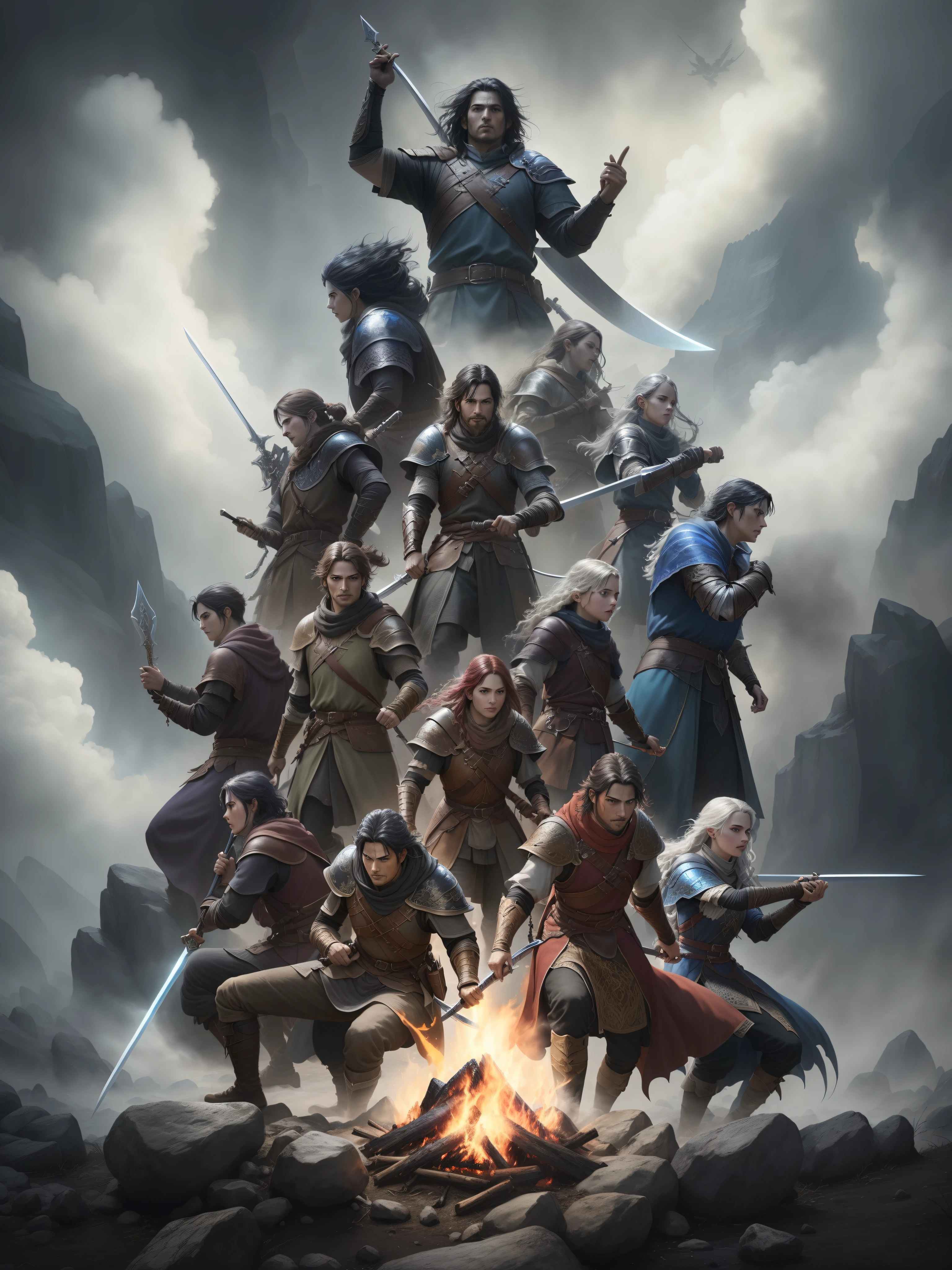 a group of people standing around a fire with swords, key art, full poster, epic fantasy digital art style, d & d fantasy digital art, game poster, high fantasy art movie poster, game key art, epic fantasy style, d&d trending on artstation, fantasy movie poster, square enix cinematic art, game promotional poster, official poster