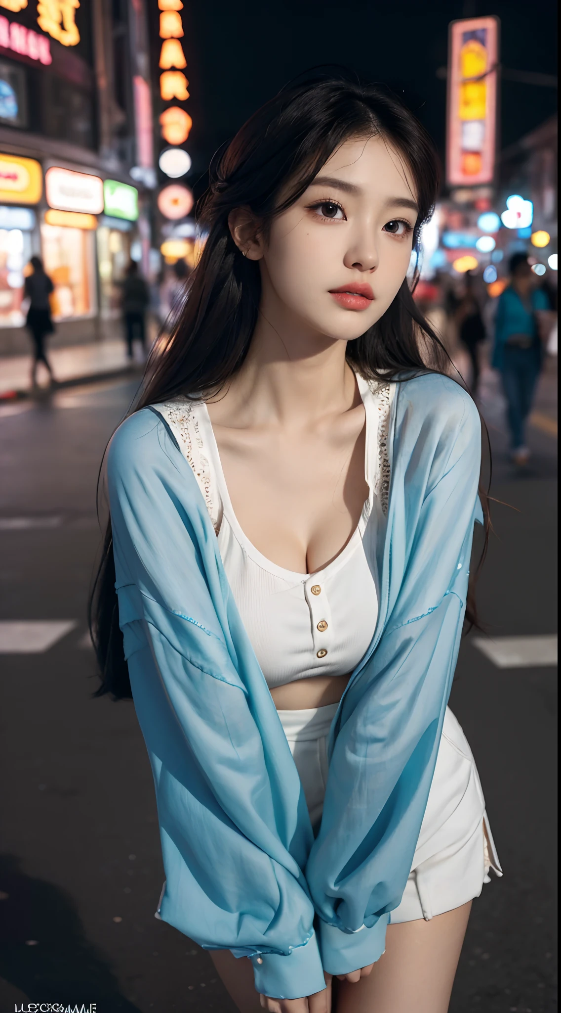 (Best quality,16k,A high resolution,Masterpiece:1.2),Ultra-detailed,(Realistic,Photorealistic,photo-realistic:1.37),Korean fashion beauty,Japanese and Korean beauties,cute and innocent,Detailed eyes and face,beautiful detailed lips,White teeth,Long eyelashes,slimification,fashionable in dressing,Shorts short skirt,Plump upper circumference,Large breasts,cleavage,(Lovely,Charming:1.1),Colorful street background,Stylish clothes and accessories,The fabric of the clothes is smooth,Portrait style photography,Vivid colors,Street lights.