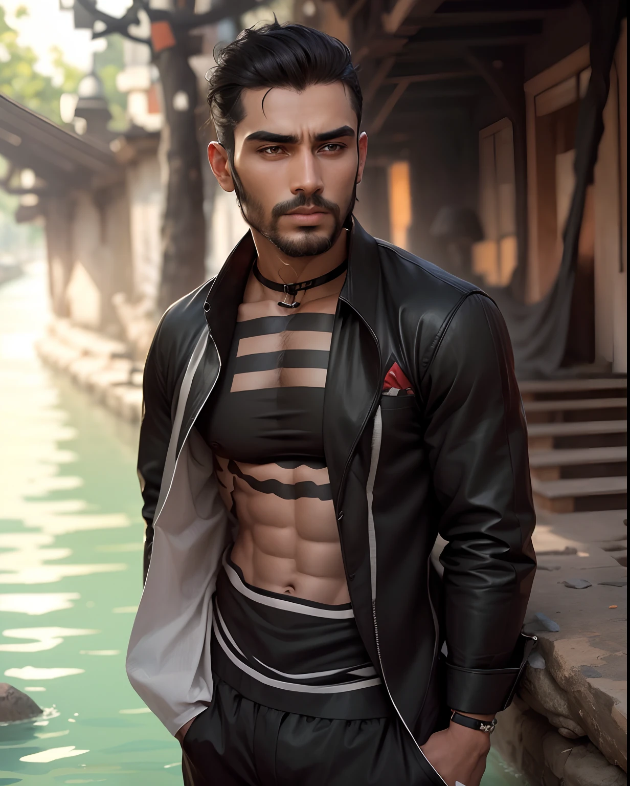 Change background  into the ganga and clothes should be black convert in  like a handsome man put up the gogle