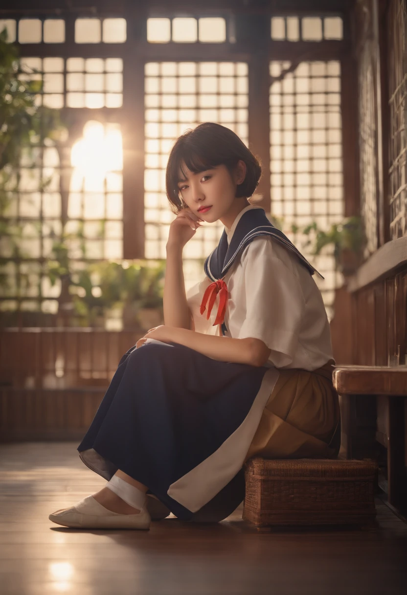 infp young woman、18year old、独奏、japanes、High school students、a sailor suit、embarrassed from、cute little、short-hair、crouching down