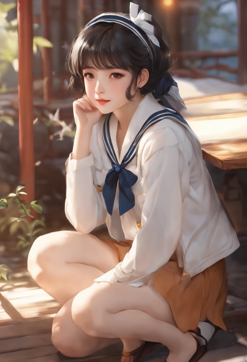 infp young woman、18year old、独奏、japanes、High school students、a sailor suit、embarrassed from、cute little、short-hair、crouching down