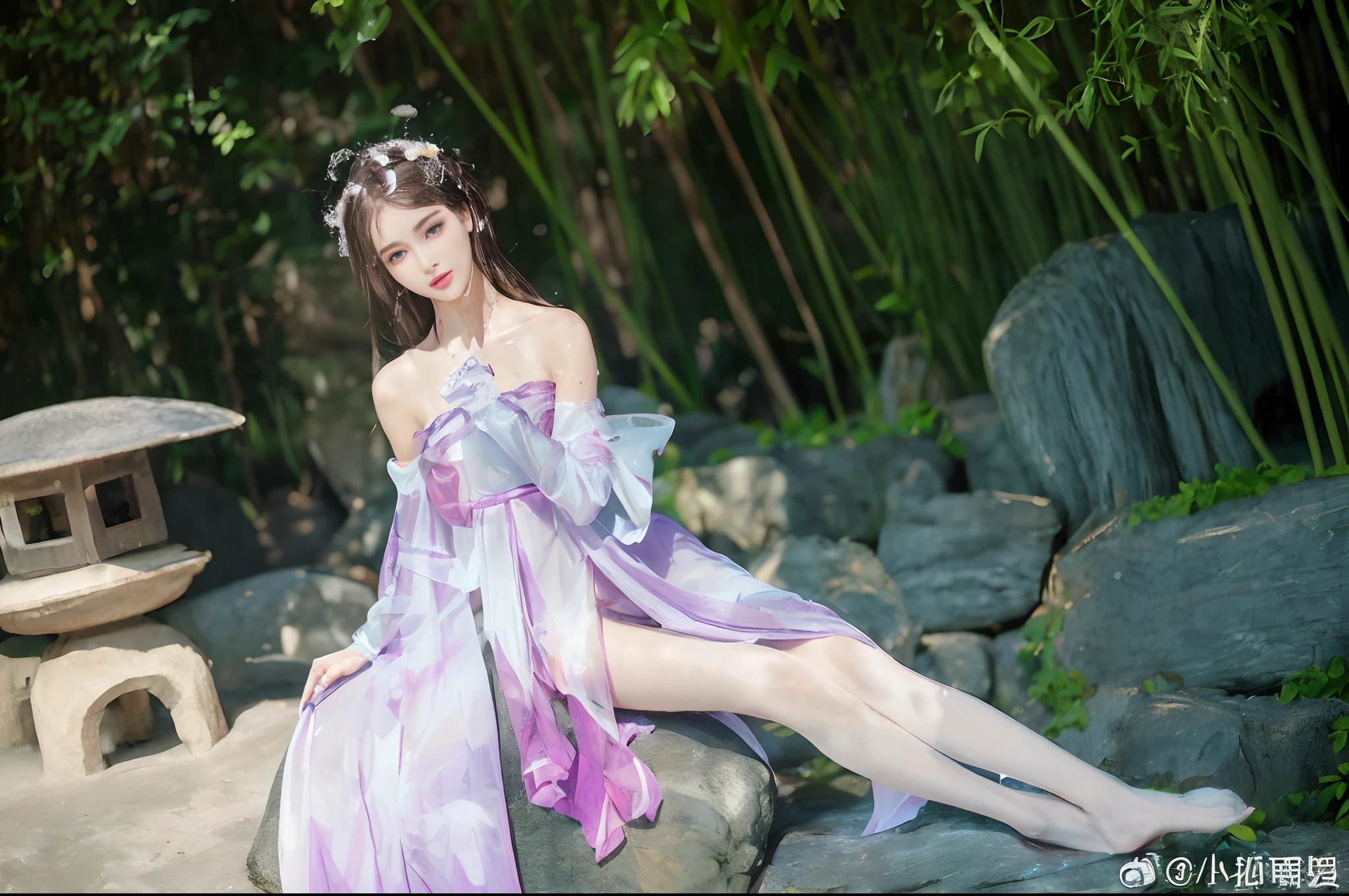 ((Best quality, 8k, Masterpiece :1.3)), A pretty woman with perfect figure :1.4, Slender abs :1.3, (wet transparent T-shirt:1.4) , small white lace bra , ((Dark brown hair, Big breasts :1.2)), Lying on hammock, Hammock, Highly detailed face and skin texture, Detailed eyes, Double eyelid