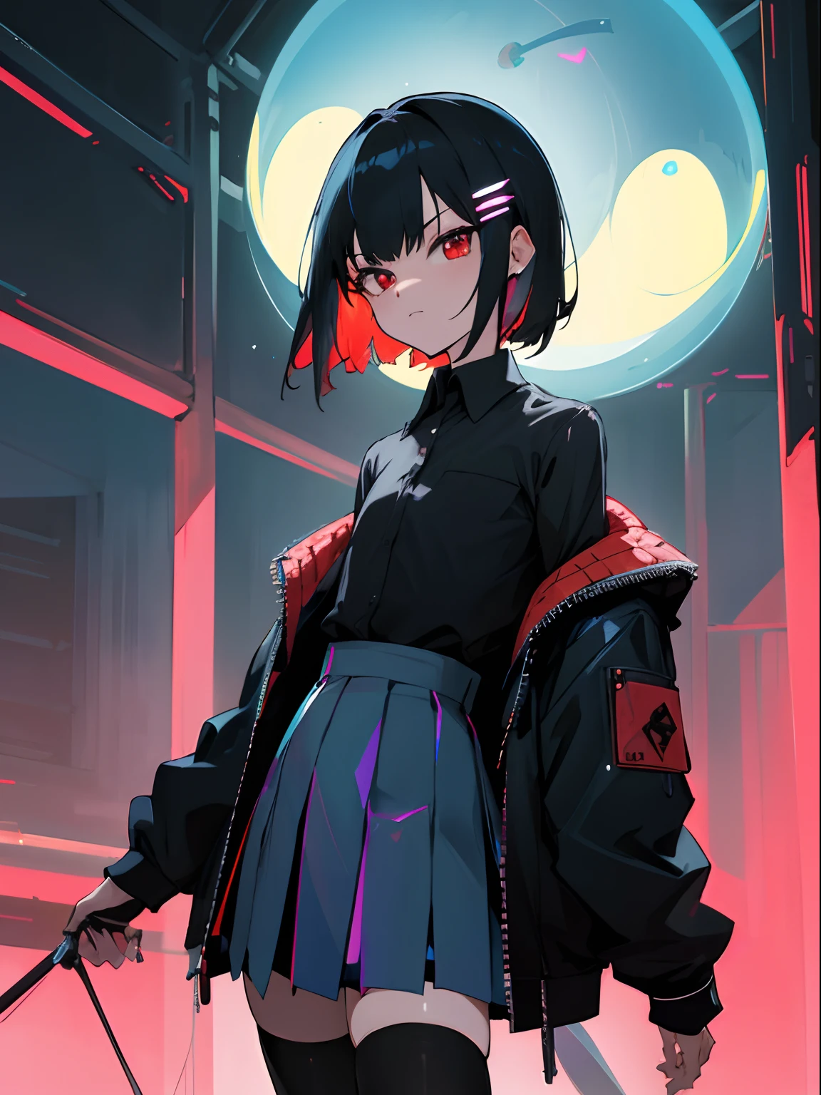 masterpiece, best quality, highres, 1girl, skirt, solo, short hair, black hair, blue highlights, flat chest, slim, skinny, red eyes, thighhighs, shirt, holographic skirt, black shirt, black fishnets, hair ornament, bangs, pleated skirt, shirt tucked in, high-waist skirt, streetwear, open jacket, standing, cowboy shot, outdoors, futuristic, neon highlights, nighttime, badass