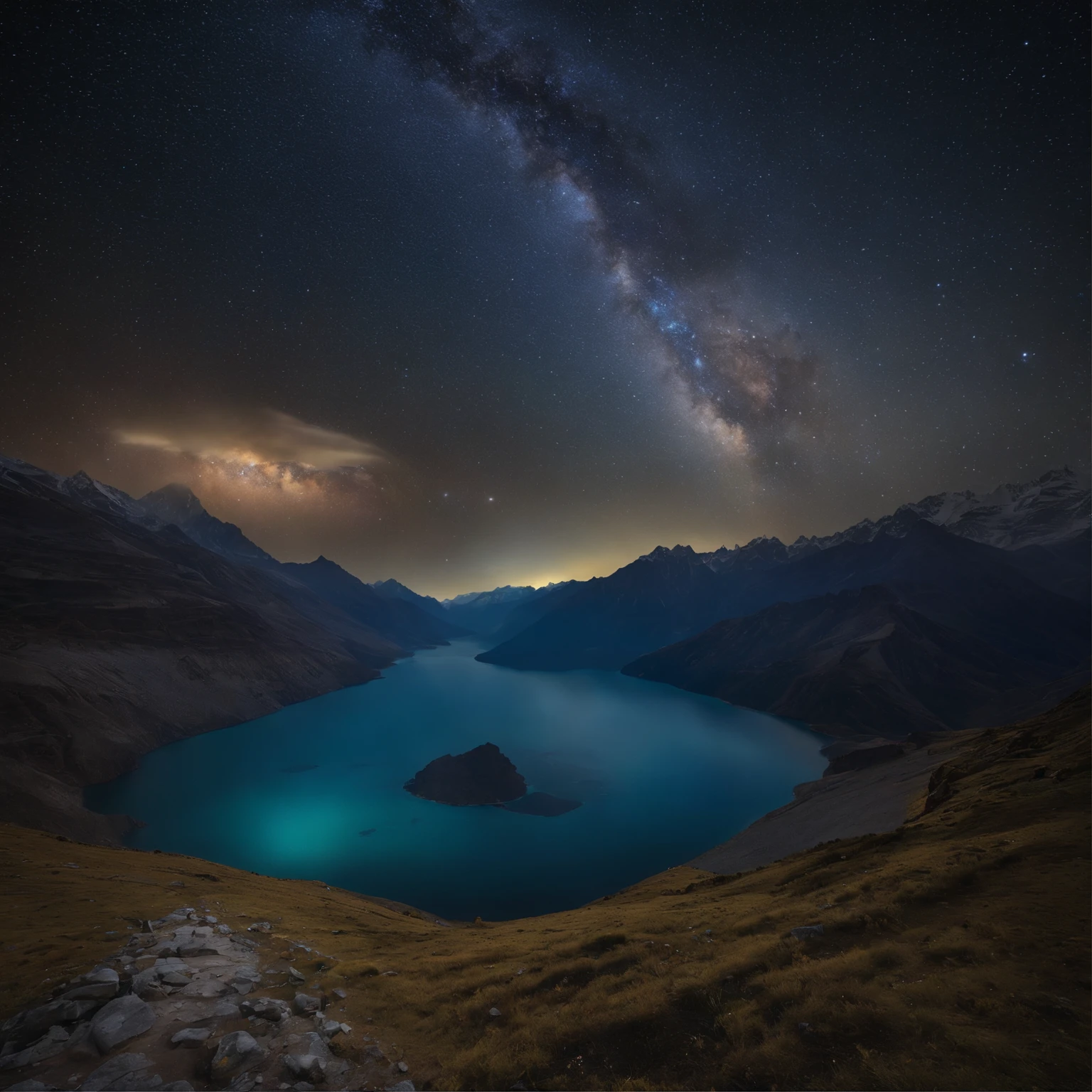 Master Parts、Superior Quality、superior image quality、The 8k quality、Beautiful pictures of the starry sky、magnifica、Arched Milky Way:1.9、Himalayas、Blue glowing lake:1.9