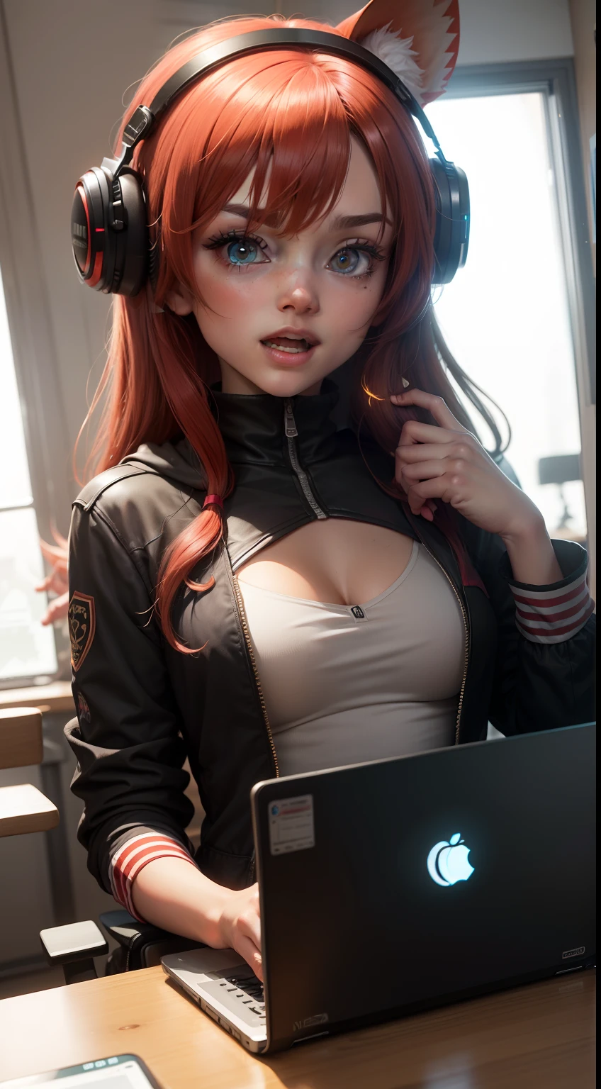 a girl ((naked)) ((WITH SHORT WAVY ORANGE HAIR)) dressed as a pirate in front of computer monitors typing at the keyboard ((((with small breasts showing)))) , (black collar around the neck)(with pirate hat) (in a dark room)(with black panties and black stockings)(((full body)))((transparent miniskirts and with black panties in sight)) ((in a very dark room))