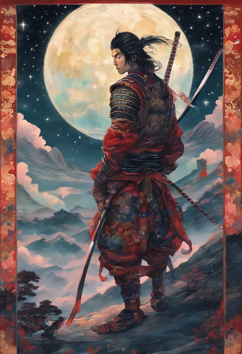 The samurai holds a katana, Starry skies and mist shroud the landscape.