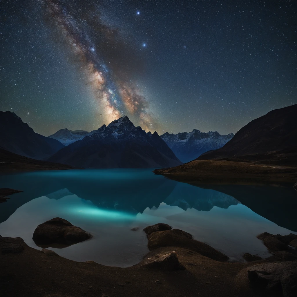 Master Parts、Superior Quality、superior image quality、The 8k quality、Beautiful pictures of the starry sky、magnifica、Arched Milky Way:1.9、Himalayas、Blue glowing lake:1.9