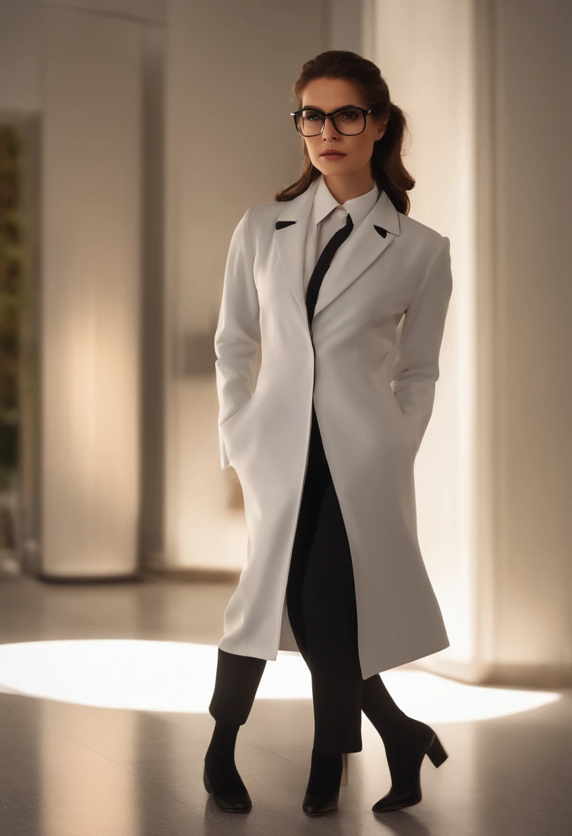 lawyer, woman, brunette, full body, light brown eyes and straight brown hair tied up, looking like a Pixar character, in a very dark full suit, white shirt, black shoes and small glasses with rounded corners, white background.