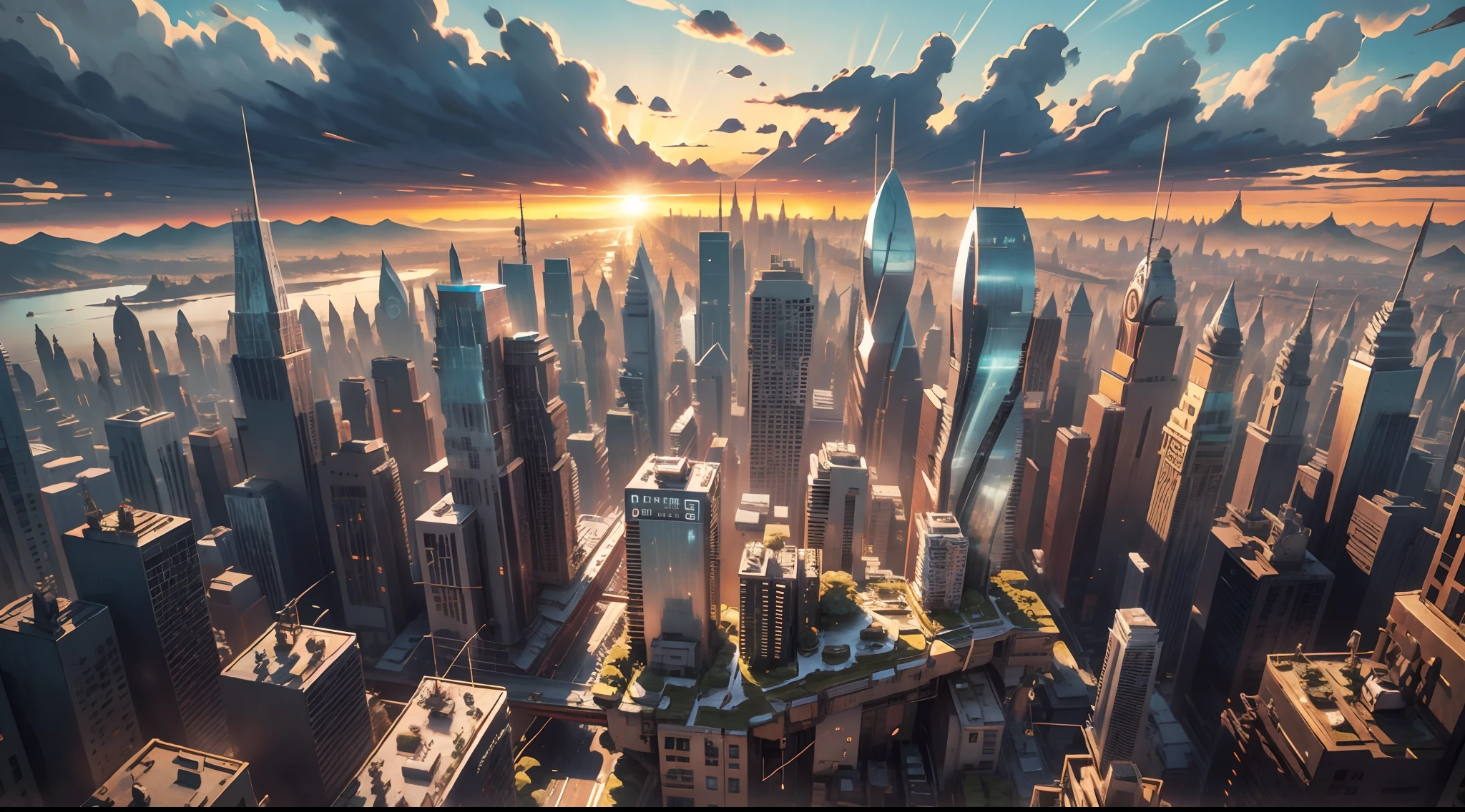 aerial view from a drone of an big city downtown at dawn in the distopic style of blade runner --auto --s2
