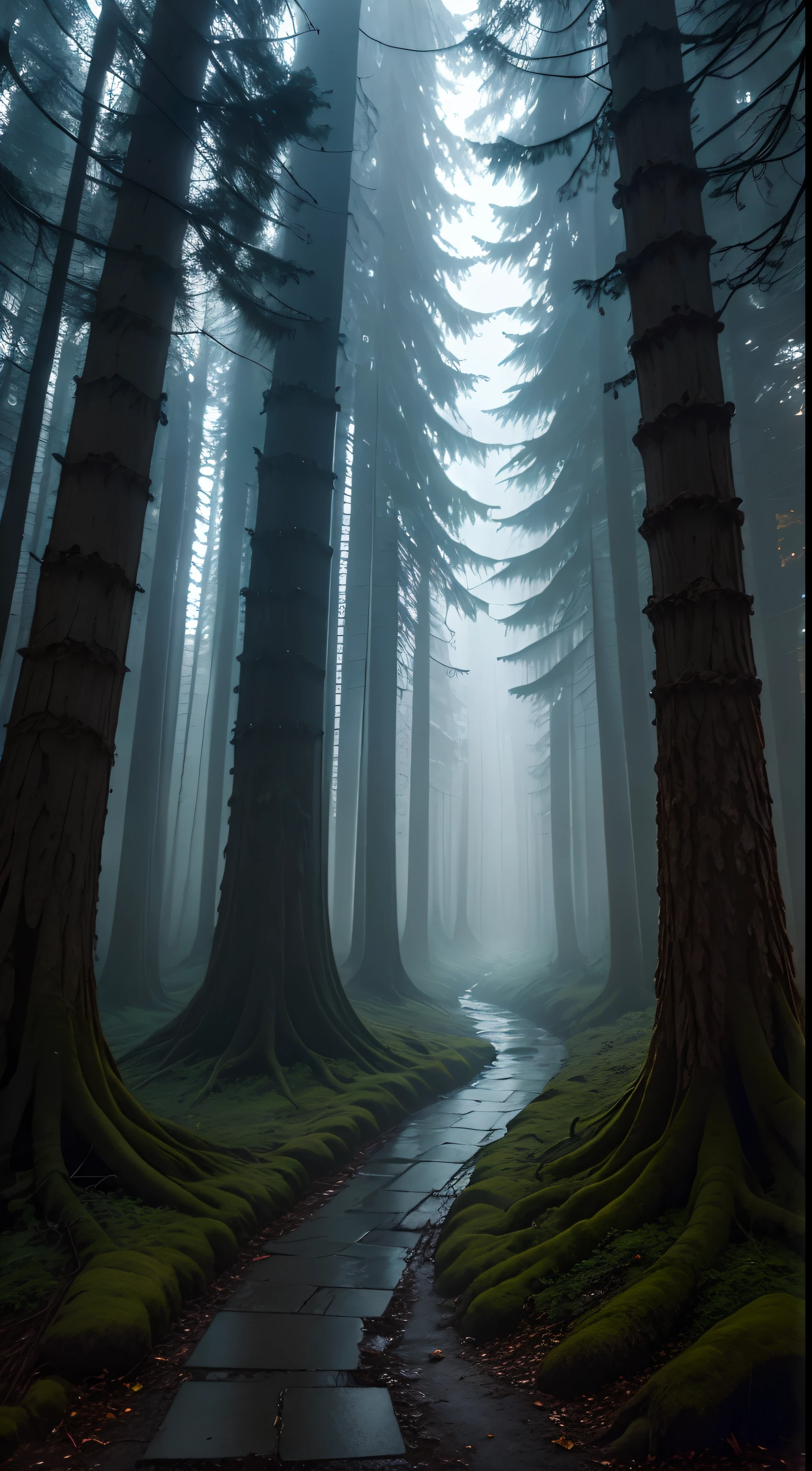A mysterious forest at twilight with ancient, towering trees shrouded in mist, a hidden path illuminated by eerie, glowing mushrooms, a sense of quiet enchantment and solitude, Photography, DSLR with a wide-angle lens, long exposure,