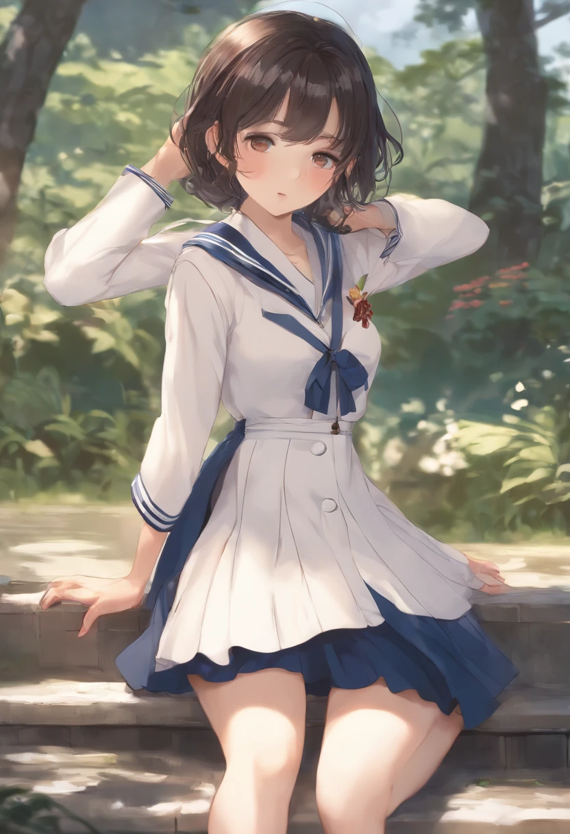 infp young woman、18year old、独奏、japanes、High school students、a sailor suit、embarrassed from、cute little、short-hair、crouching down