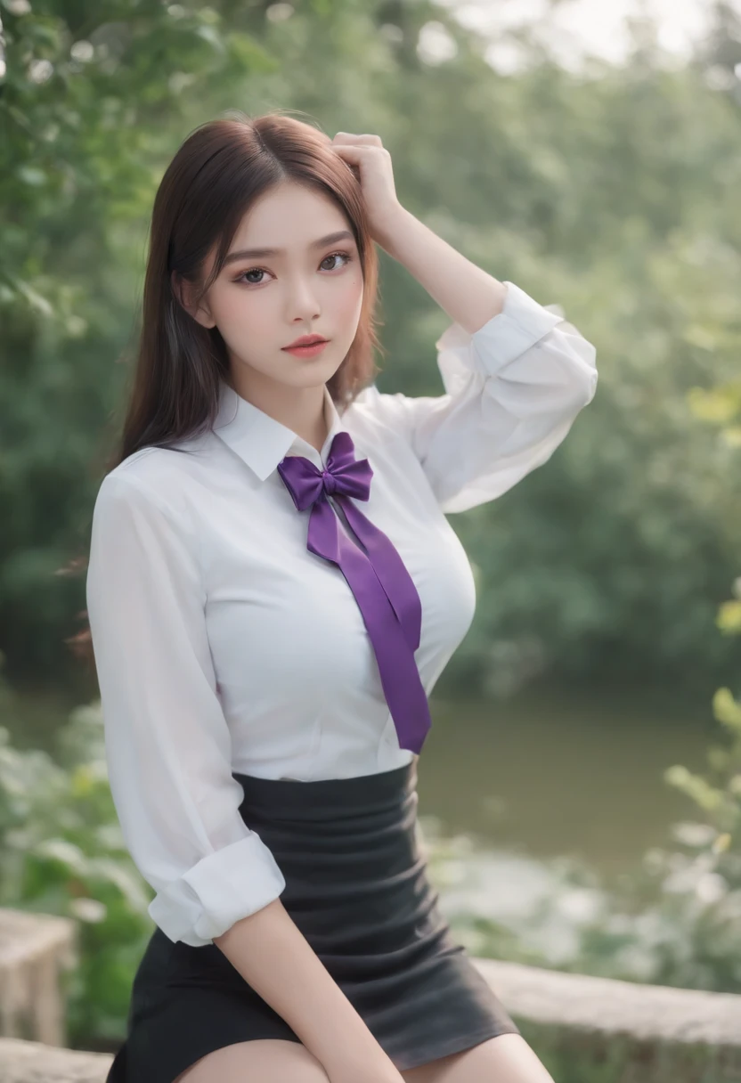 Best Quality, masutepiece,, Illustration, Wallpaper,1girl in, Solo, School uniform, White shirt, Black skirt, bright hair, Semi-long hair, Beautiful detailed girl, extremely detailed eye and face, Beautiful detailed eyes, Shy, natural_Lighting, Glow,NSFW, Clean sky, Looking at Viewer, Outdoors, nigh sky, Star (skyporn), lowfers, Black pantyhose, blue bowtie, Straight hair, Purple petals, Purple and blue flowers, Red pupil, Ponytail, Blue Ribbon,White hair, Thick_thighs thighs thighs thighs, Large breasts, Red Eyes,