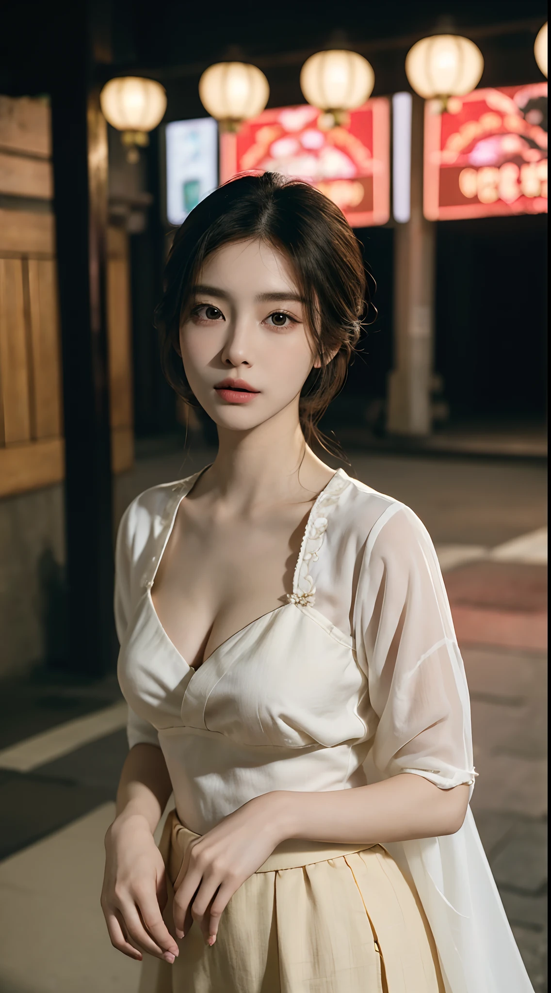 (Best quality,16k,A high resolution,Masterpiece:1.2),Ultra-detailed,(Realistic,Photorealistic,photo-realistic:1.37),Korean fashion beauty,Japanese and Korean beauties,cute and innocent,Detailed eyes and face,beautiful detailed lips,White teeth,Long eyelashes,slimification,fashionable in dressing,Shorts short skirt,Plump upper circumference,Large breasts,cleavage,(Lovely,Charming:1.1),Colorful street background,Stylish clothes and accessories,The fabric of the clothes is smooth,Portrait style photography,Vivid colors,Street lights.