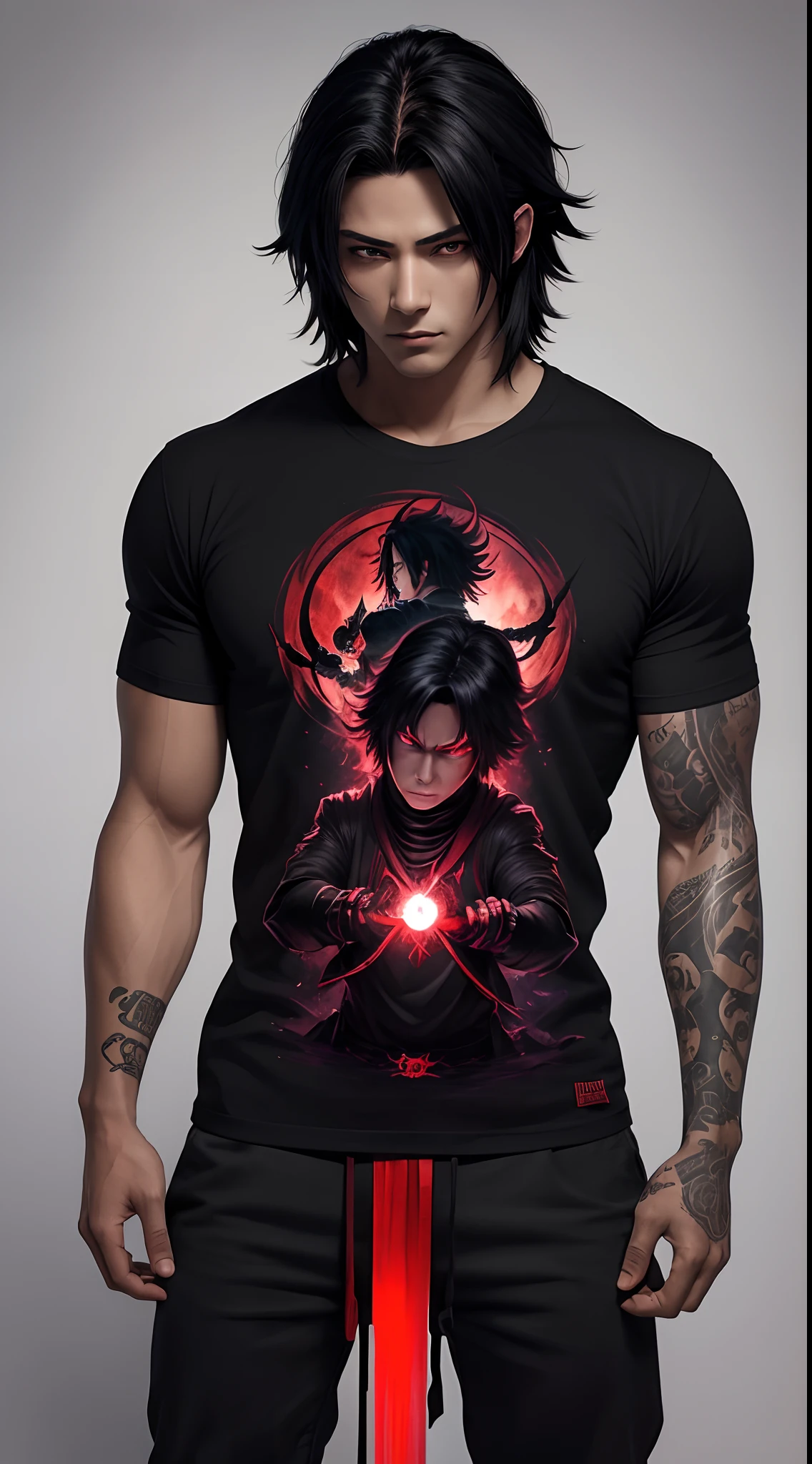 Imagine a mystical world where a handsome, solo, well-built Sasuke, with glowing red eyes, dark and powerful, wields magic that can only be described as both beautiful and terrifying. The t-shirt design captures this essence with detailed illustrations, using a combination of gothic and Studio Ghibli styles. Red adds a bold touch to pastel quads, creating a stunning contrast.