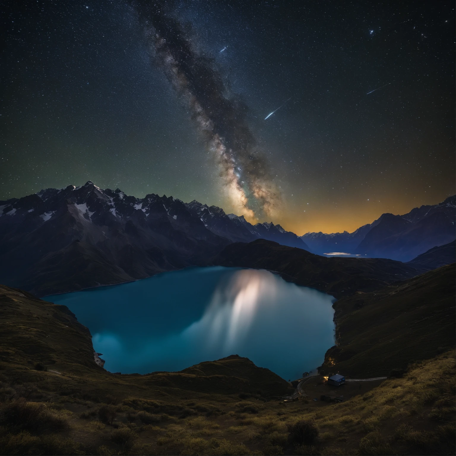 Master Parts、Superior Quality、superior image quality、The 8k quality、Beautiful pictures of the starry sky、magnifica、Arched Milky Way:1.9、Himalayas、Blue glowing lake:1.9
