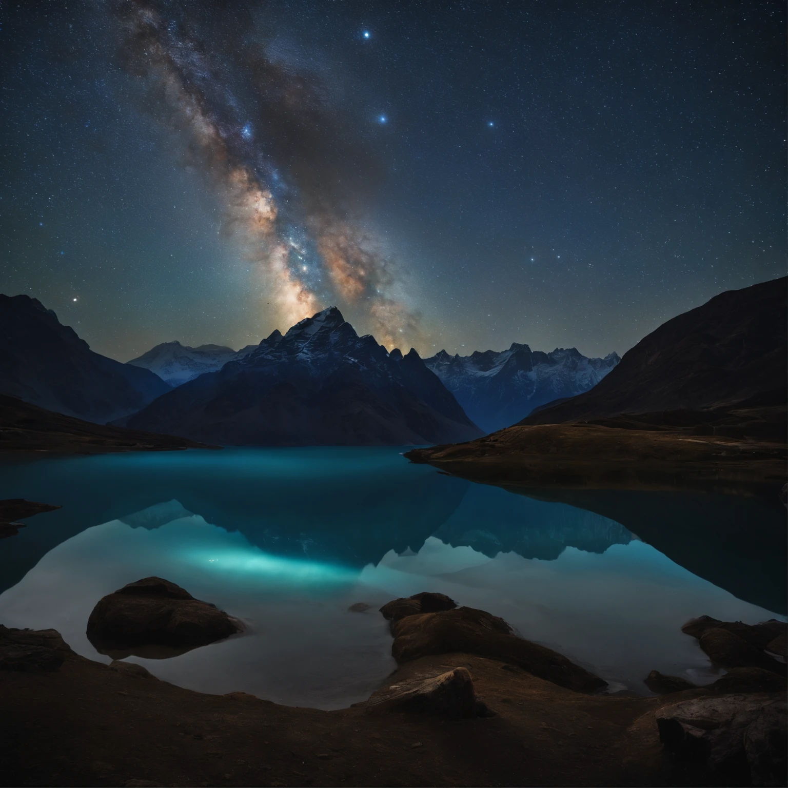 Master Parts、Superior Quality、superior image quality、The 8k quality、Beautiful pictures of the starry sky、magnifica、Arched Milky Way:1.9、Himalayas、Blue glowing lake:1.9