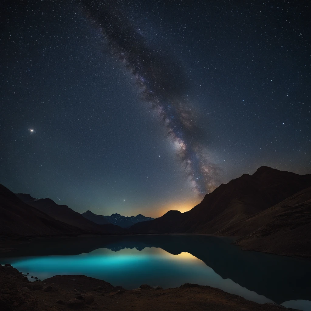 Master Parts、Superior Quality、superior image quality、The 8k quality、Beautiful pictures of the starry sky、magnifica、Arched Milky Way:1.9、Himalayas、Blue glowing lake:1.9