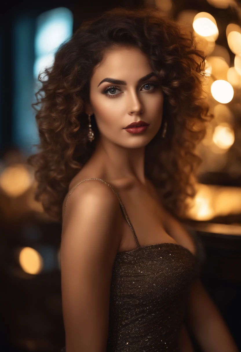(sharp focus:1.2), photo, attractive young woman, (beautiful face:1.1), detailed eyes, luscious lips, (cat eye makeup:0.85), (large eyes:1.0), (toned body:1.2), (curly hair:1.2), (big booty:1.4), wearing (short dress:1.2) in a (club:1.2). (moody lighting:1.2), depth of field, bokeh, 4K, HDR. by (James C. Christensen:1.2|Jeremy Lipking:1.1).