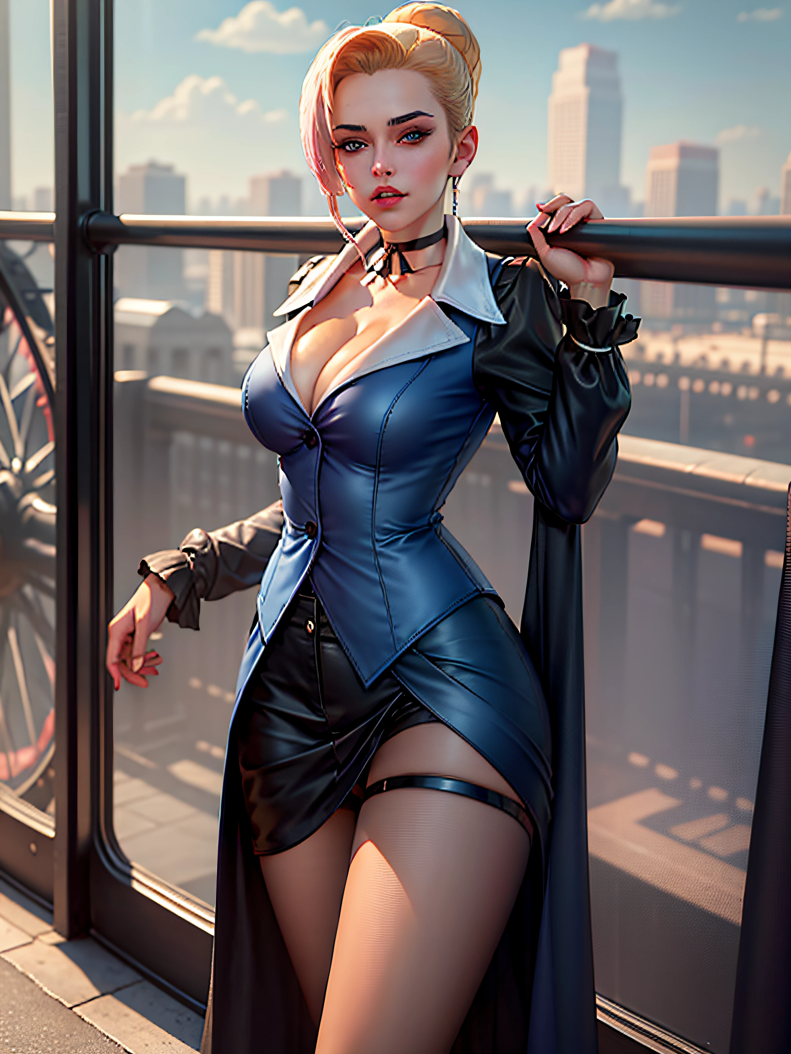 long sleeves,vestthigh strap,blush,( shy,pouty lips:1.2), maturems,pantyhose,skirt,shorts,cleavage,choker, lipstick , pose,
looking at viewer,blue sky,cloud,ferris wheel,best quality, ultra high res, (photorealistic:1.4),