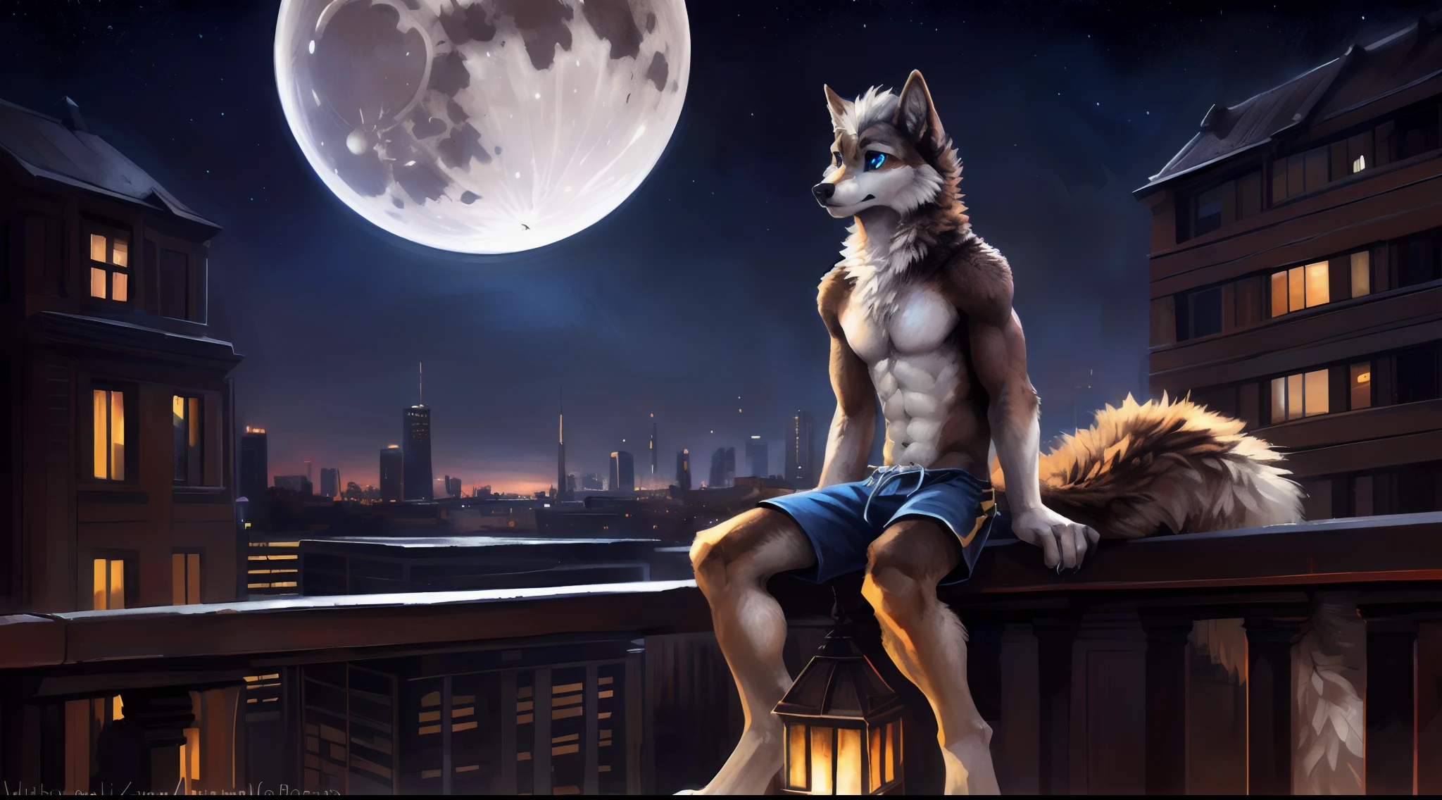 ((Solo)), male people, anthro wolf, (Multi-colored fur, White-brown:1.3), ((Wolf face, White hair, Big eyes, White eyelids, Blue pupil, Slim:1.2) (Tough, Calm expression:1.2)), Abs, Slim, pinging)), (Correct anatomy), (Work shorts:1.1), (Contour bone:1.2), The upper body is naked, (detailed outfits),A big tail，Feet，Longer legs，(Realistic fur, Detailed fur texture, labeled:1.3)), (Natural lighting), Photorealistic, Hyperrealistic, ultradetailed, by Kenket，In the modern city，Roof，the night，Sit alone，Look at the full moon，It was dark，Starry