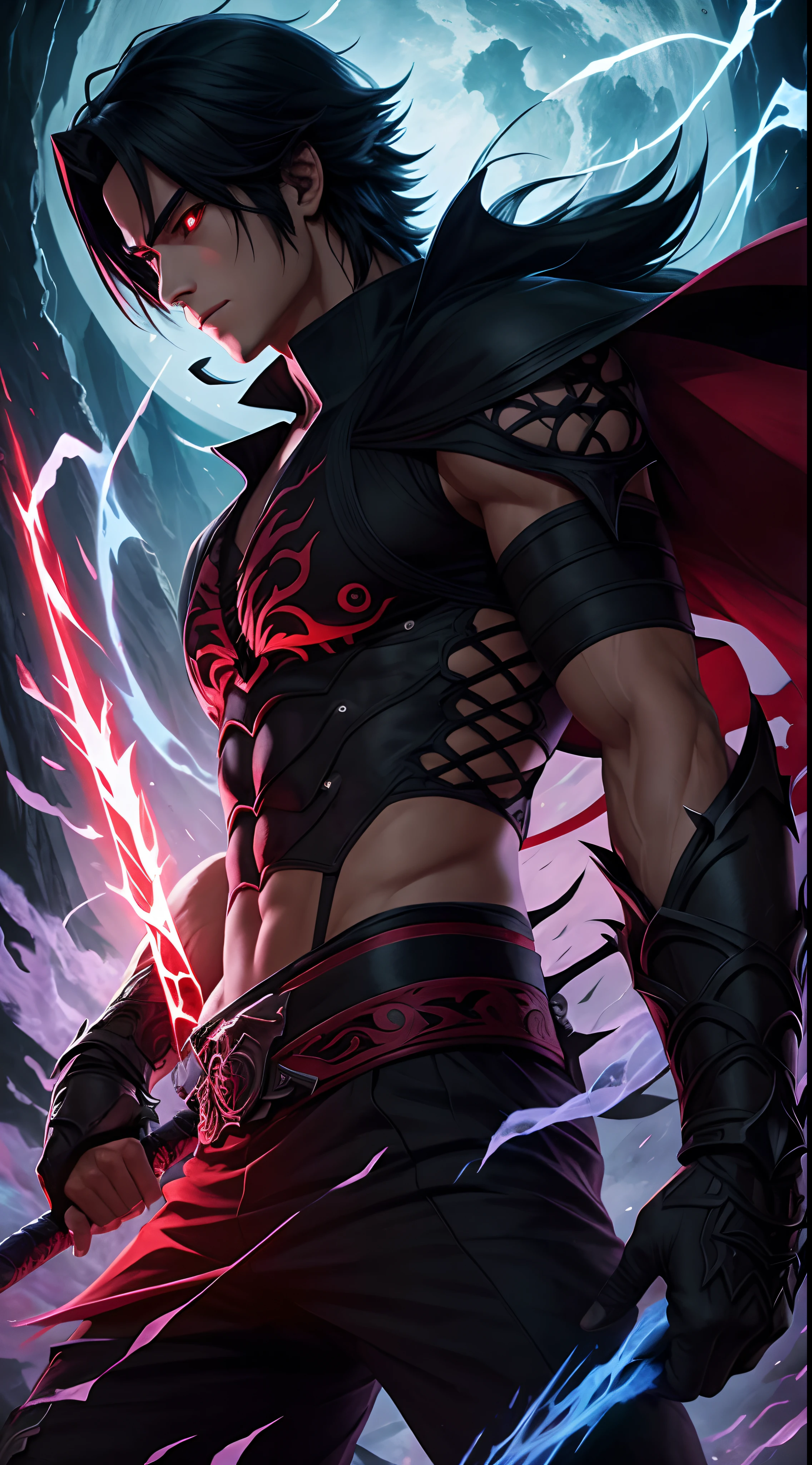 Imagine a mystical world where a handsome, solo, well-built Sasuke, with glowing red eyes, dark and powerful, wields magic that can only be described as both beautiful and terrifying. The t-shirt design captures this essence with detailed illustrations, using a combination of gothic and Studio Ghibli styles. Red adds a bold touch to pastel quads, creating a stunning contrast.
