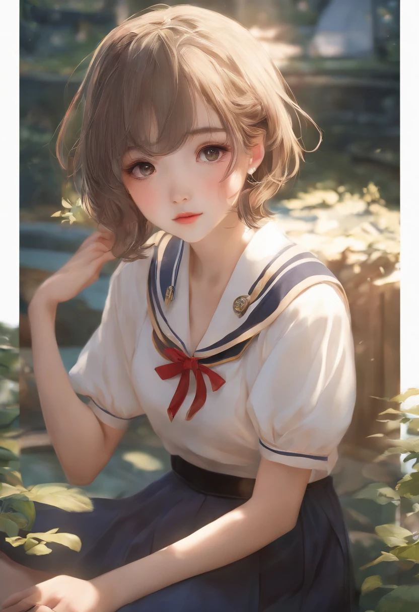 infp young woman、18year old、独奏、japanes、High school students、a sailor suit、embarrassed from、cute little、short-hair、crouching down