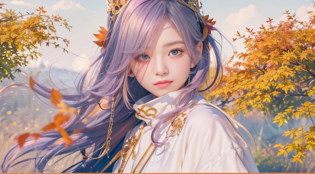 cyan colors，blue colors，Autumn Enamel World，Blood Girl 32K（tmasterpiece，k hd，Aoyama Pond，hyper HD，32K）Long flowing bright orange hair，Autumn pool，zydink， a color，Grumpy （Post-halo）， （Linen scarf）， Combat posture， Looking at the autumn ground， long whitr hair， Floating bright orange， Fire cloud pattern gold tiara， Chinese long-sleeved gold silk burgundy autumn clothing， （Abstract metaverse splash：1.2）， white backgrounid，Peony flower vitality protector（realisticlying：1.4），Bright purple hair，Smoke on the road in autumn，The background is pure， A high resolution， the detail， RAW photogr， Sharp Re， Nikon D850 Film Stock Photo by Jefferies Lee 4 Kodak Portra 400 Camera F1.6 shots, Rich colors, ultra-realistic vivid textures, Dramatic lighting, Unreal Engine Art Station Trend, cinestir 800，A girl with long flowing bright orange hair，Huge colorful bubbles