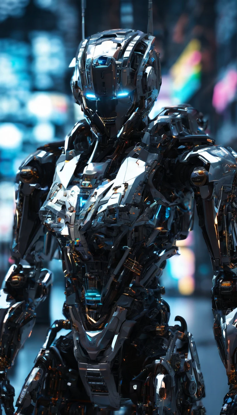 （full body shot of：1.4），Space art，1 cheongsam woman，full bodyesbian，Stand up，Transparent robotic arm，slim toned body，proporções perfeitas，Delicate hair accessories，ssmile，Transparent mechanical shoes，Oriental elements，（Bokeh），high high quality，4K，3D
