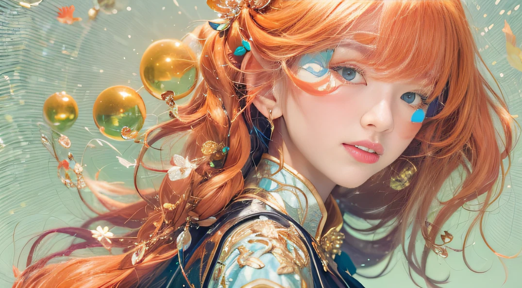 cyan colors，blue colors，Autumn Enamel World，Blood Girl 32K（tmasterpiece，k hd，Aoyama Pond，hyper HD，32K）Long flowing bright orange hair，Autumn pool，zydink， a color，Grumpy （Post-halo）， （Linen scarf）， Combat posture， Looking at the autumn ground， long whitr hair， Floating bright orange， Fire cloud pattern gold tiara， Chinese long-sleeved gold silk burgundy autumn clothing， （Abstract metaverse splash：1.2）， white backgrounid，Peony flower vitality protector（realisticlying：1.4），Bright purple hair，Smoke on the road in autumn，The background is pure， A high resolution， the detail， RAW photogr， Sharp Re， Nikon D850 Film Stock Photo by Jefferies Lee 4 Kodak Portra 400 Camera F1.6 shots, Rich colors, ultra-realistic vivid textures, Dramatic lighting, Unreal Engine Art Station Trend, cinestir 800，A girl with long flowing bright orange hair，Huge colorful bubbles