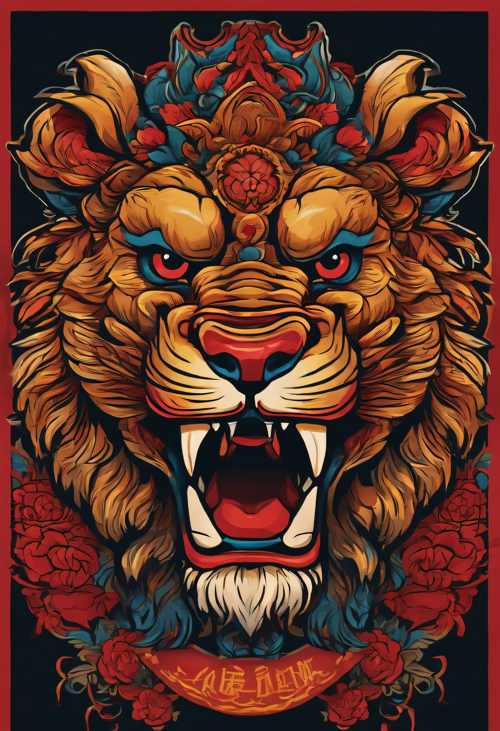 /imagine prompt: Lion dance illustration on front with black background sticker, Bold outline style, Jagged edges, Trash core, Light Shadow --V 5.2